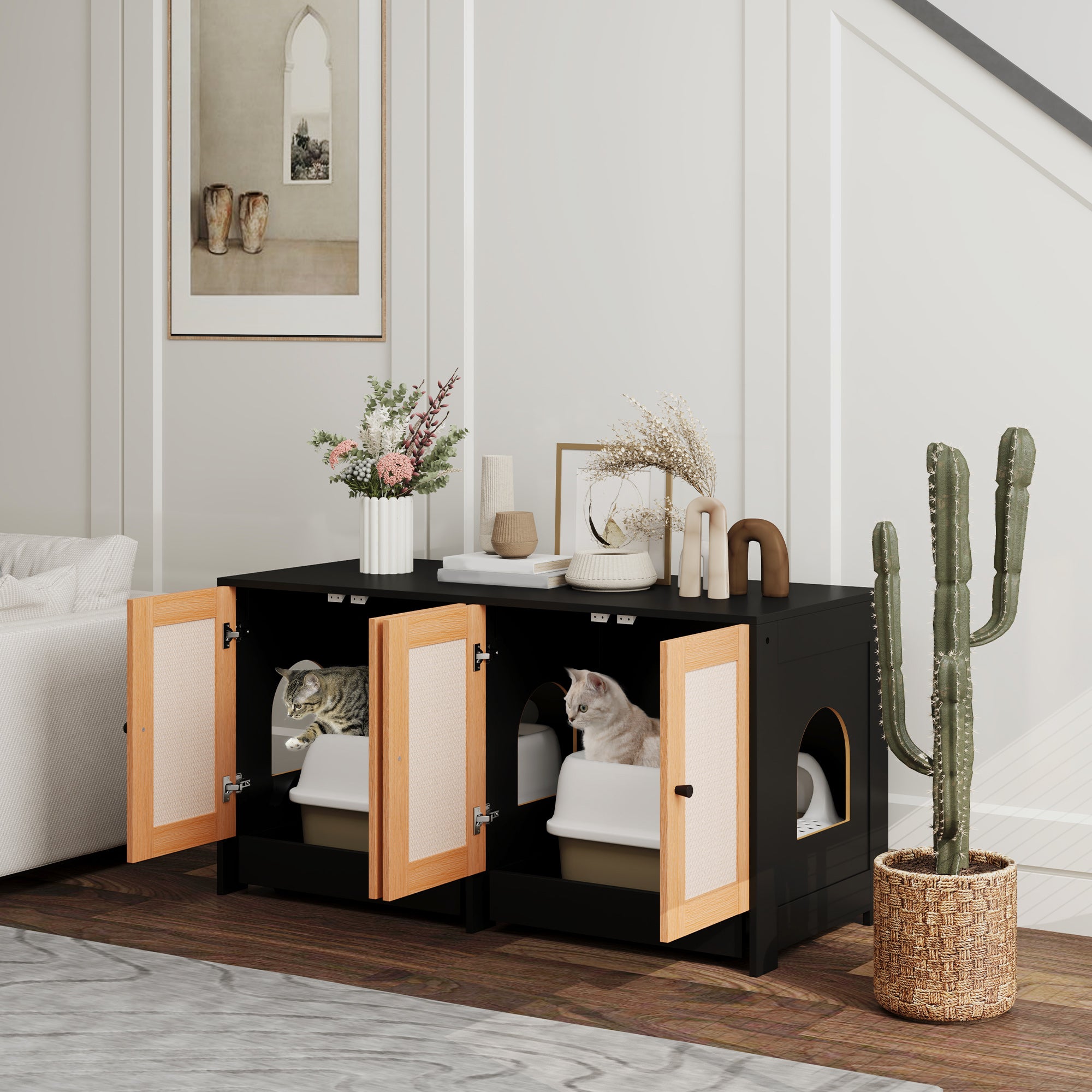 PawhHut Double Cat Litter Box Enclosure, Hidden Litter Box Furniture for 2 Cats, Large Cat Box Furniture Side Table with 2 Cabinets, Scratching Mats, Trays, for Living Room, Bedroom, Black