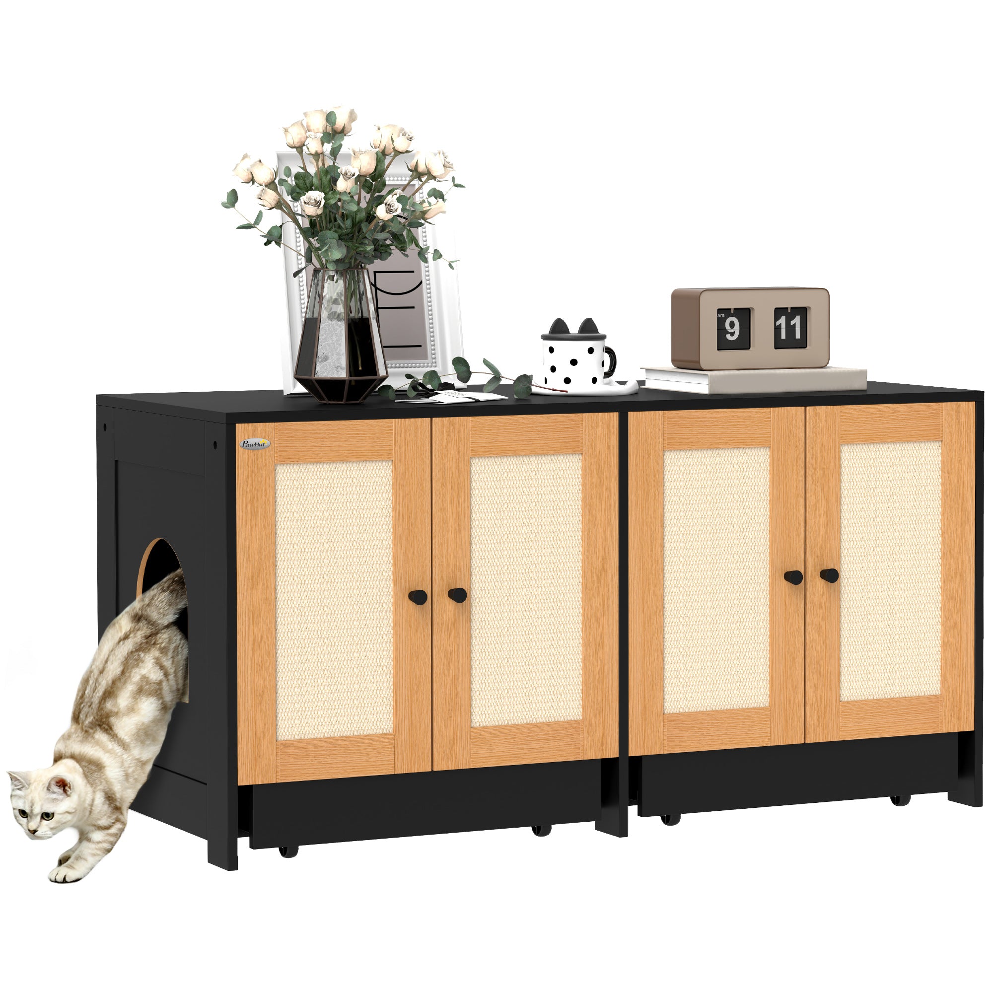 PawhHut Double Cat Litter Box Enclosure, Hidden Litter Box Furniture for 2 Cats, Large Cat Box Furniture Side Table with 2 Cabinets, Scratching Mats, Trays, for Living Room, Bedroom, Black