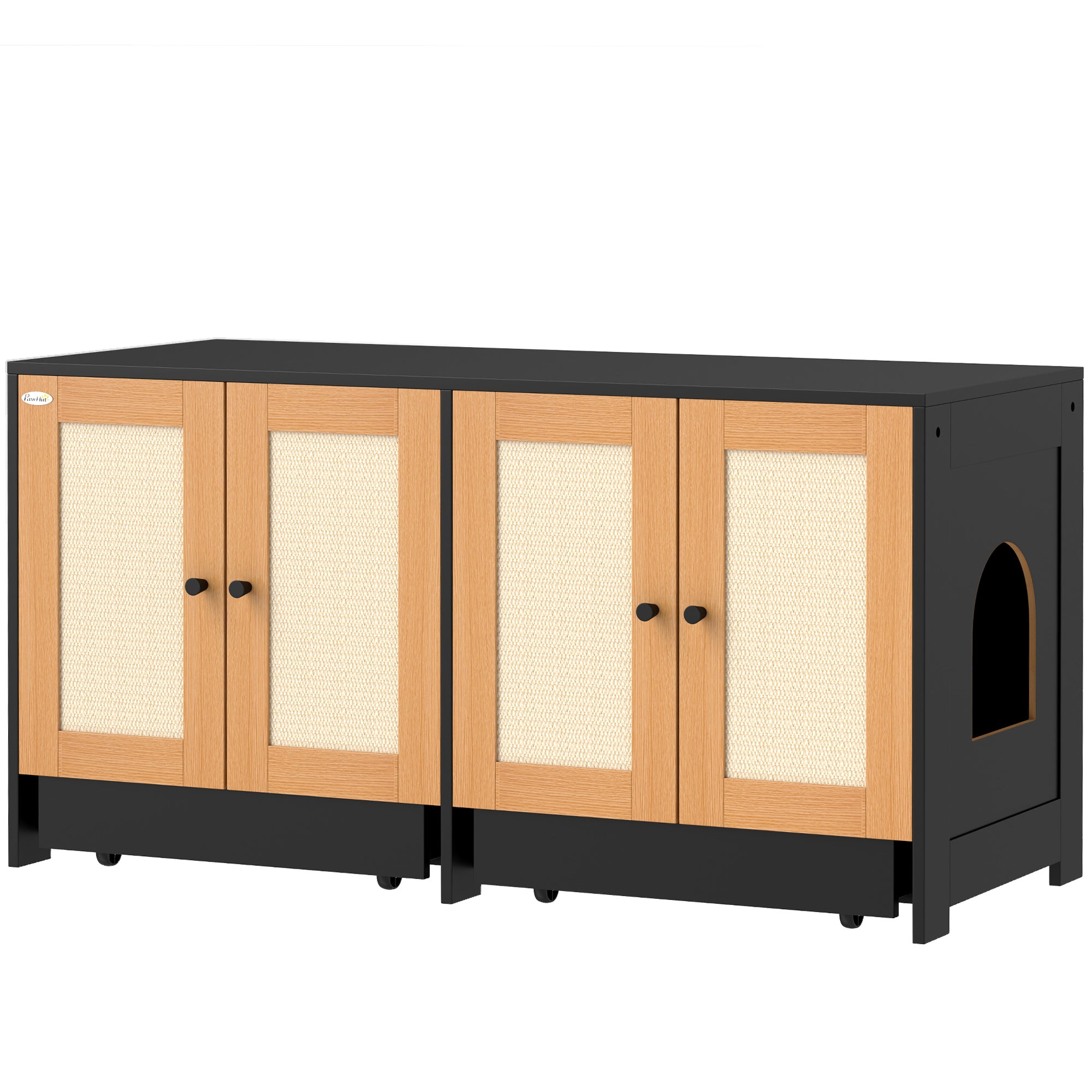 PawhHut Double Cat Litter Box Enclosure, Hidden Litter Box Furniture for 2 Cats, Large Cat Box Furniture Side Table with 2 Cabinets, Scratching Mats, Trays, for Living Room, Bedroom, Black