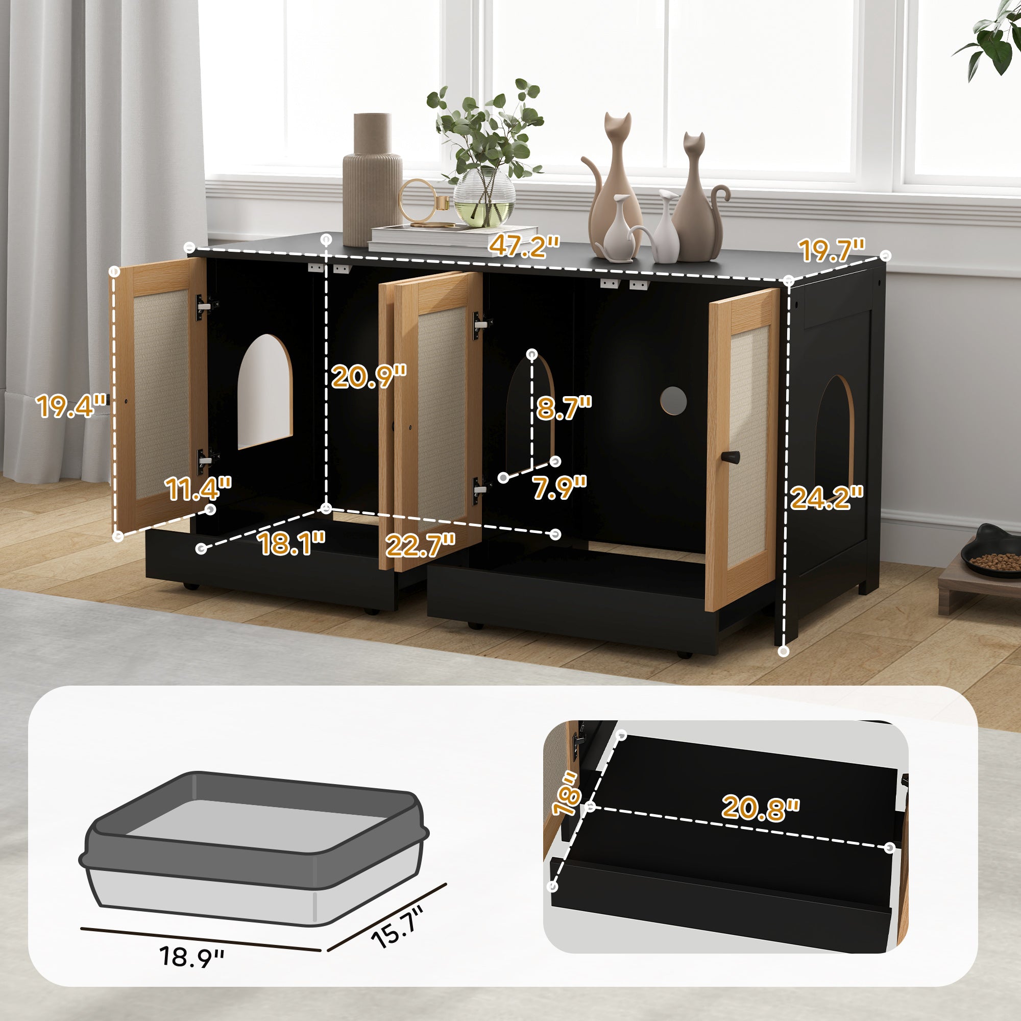 PawhHut Double Cat Litter Box Enclosure, Hidden Litter Box Furniture for 2 Cats, Large Cat Box Furniture Side Table with 2 Cabinets, Scratching Mats, Trays, for Living Room, Bedroom, Black