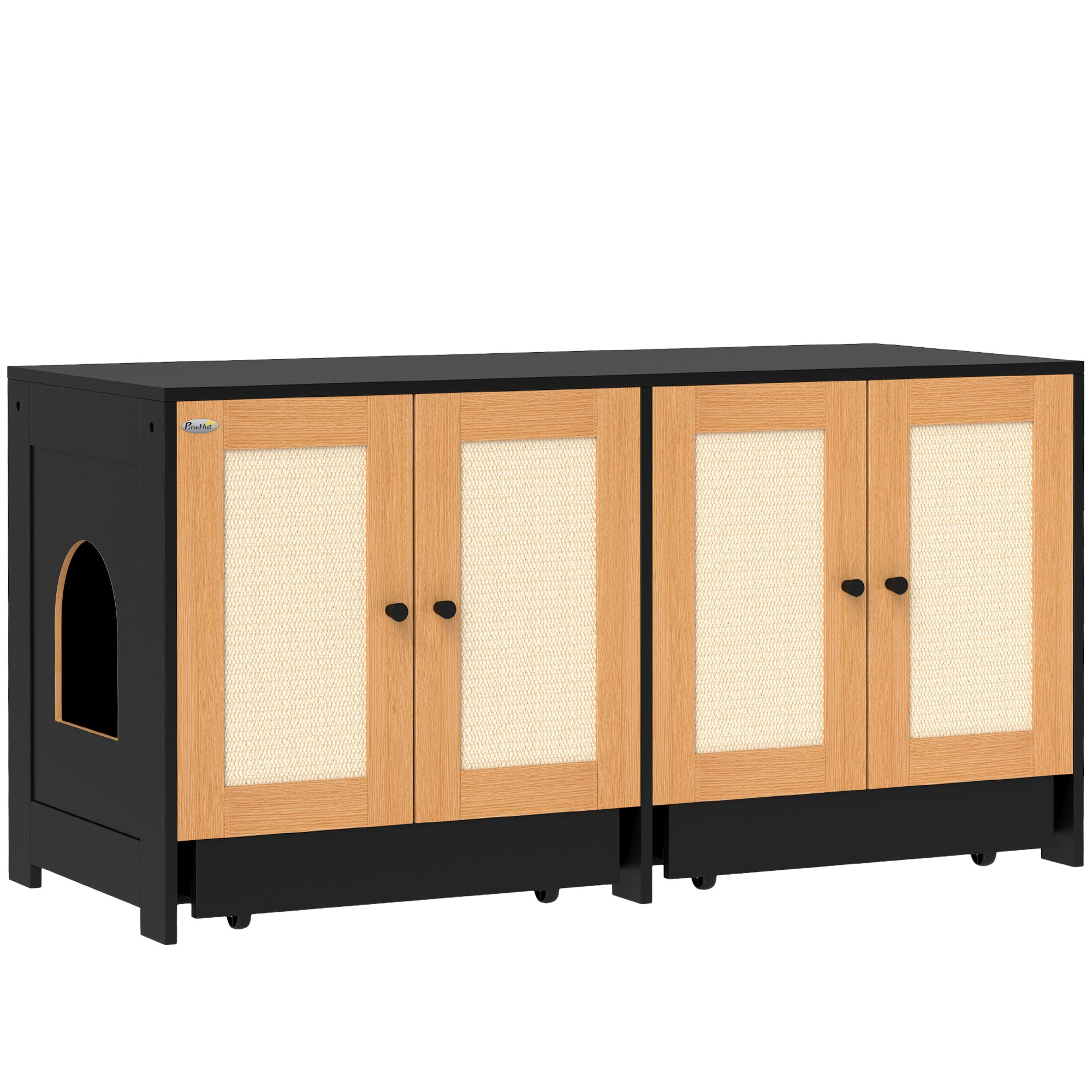 PawhHut Double Cat Litter Box Enclosure, Hidden Litter Box Furniture for 2 Cats, Large Cat Box Furniture Side Table with 2 Cabinets, Scratching Mats, Trays, for Living Room, Bedroom, Black