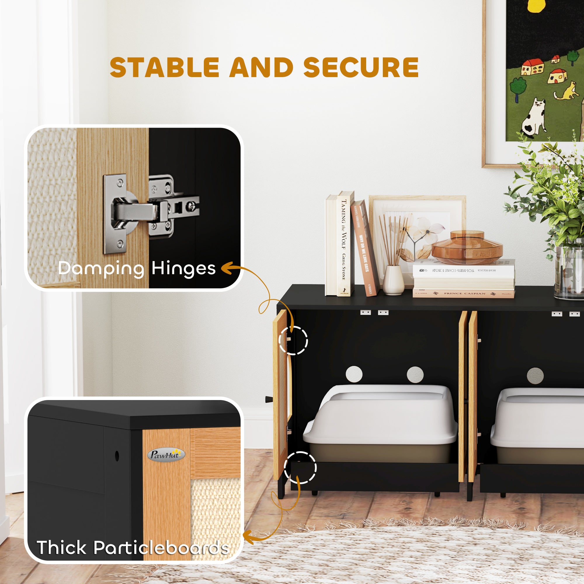 PawhHut Double Cat Litter Box Enclosure, Hidden Litter Box Furniture for 2 Cats, Large Cat Box Furniture Side Table with 2 Cabinets, Scratching Mats, Trays, for Living Room, Bedroom, Black