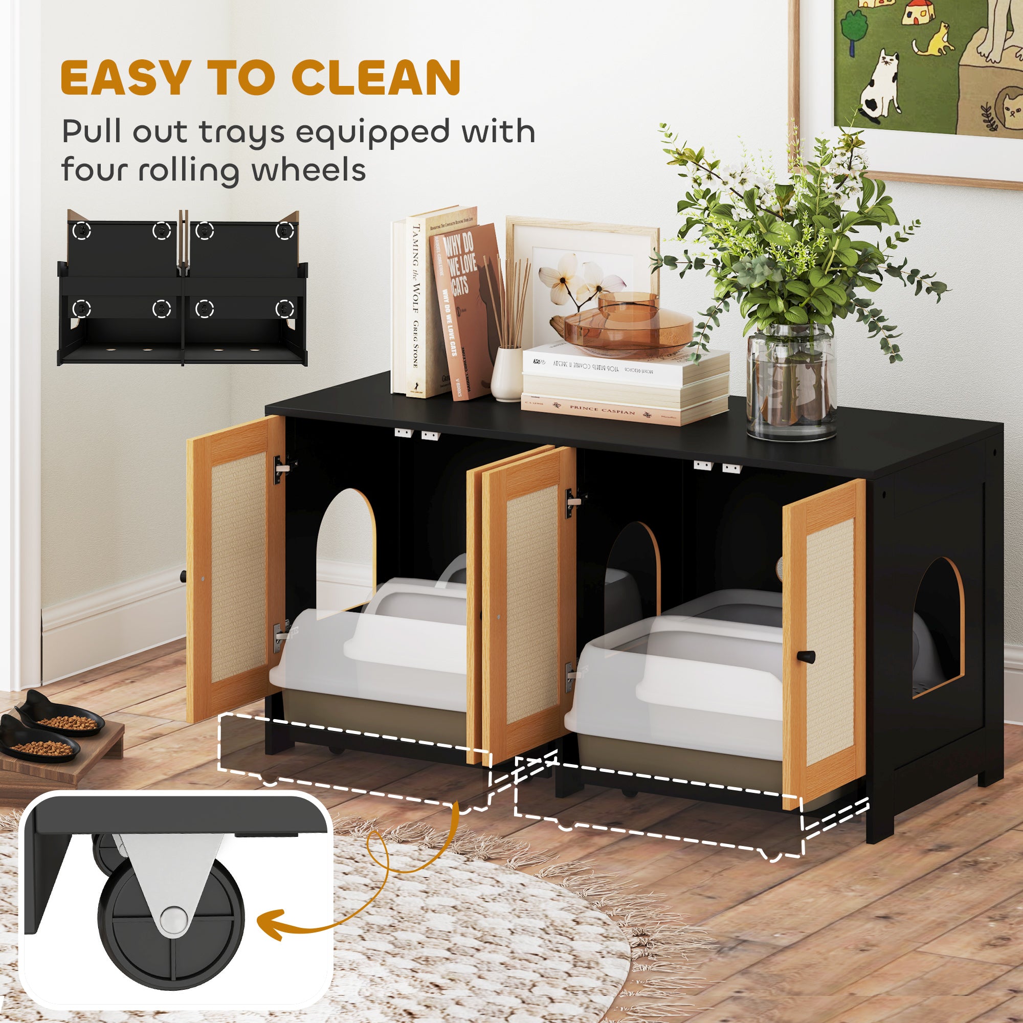 PawhHut Double Cat Litter Box Enclosure, Hidden Litter Box Furniture for 2 Cats, Large Cat Box Furniture Side Table with 2 Cabinets, Scratching Mats, Trays, for Living Room, Bedroom, Black