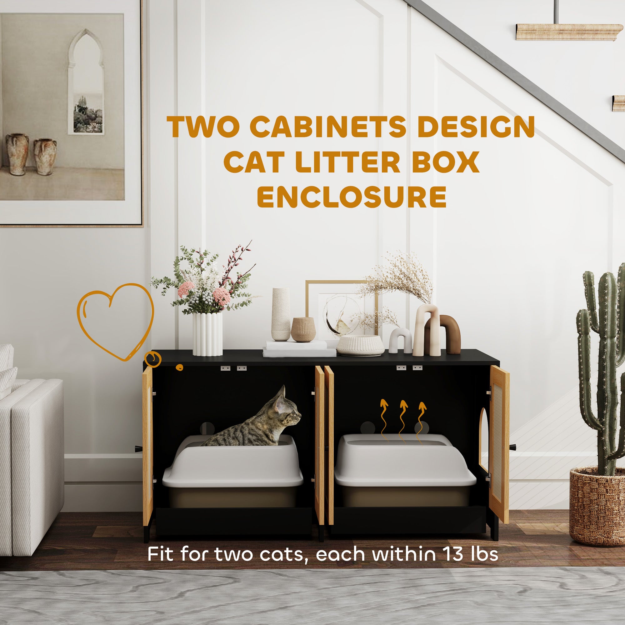 PawhHut Double Cat Litter Box Enclosure, Hidden Litter Box Furniture for 2 Cats, Large Cat Box Furniture Side Table with 2 Cabinets, Scratching Mats, Trays, for Living Room, Bedroom, Black