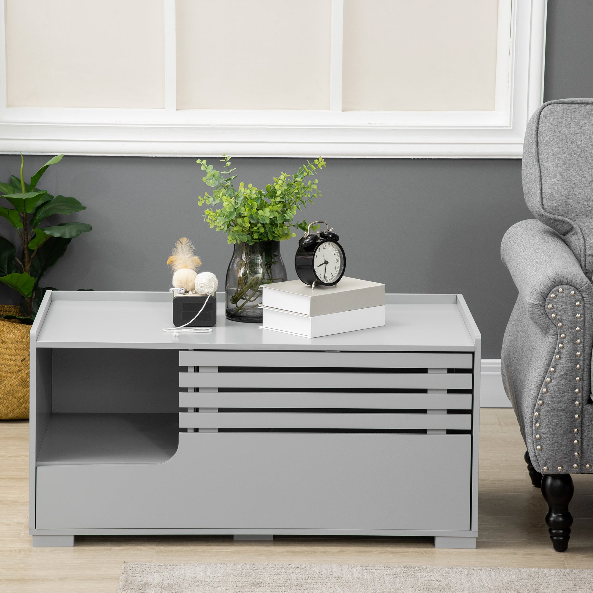 PawHut Cat Litter Box Enclosure with Spacious Interior, Cat Washroom Storage End Table for Indoor Cats with Hidden Storage Cabinet Space, Elevated Bottom, Grey