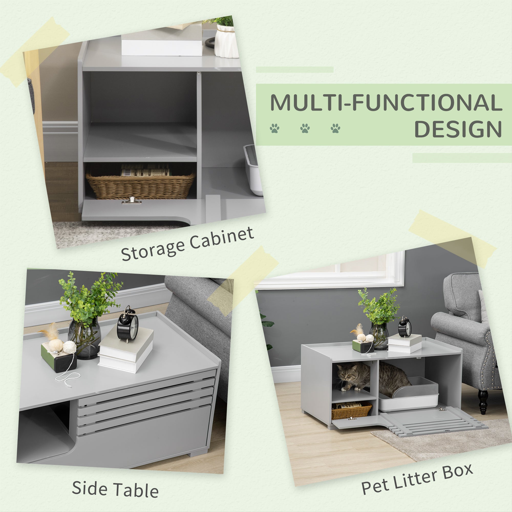 PawHut Cat Litter Box Enclosure with Spacious Interior, Cat Washroom Storage End Table for Indoor Cats with Hidden Storage Cabinet Space, Elevated Bottom, Grey