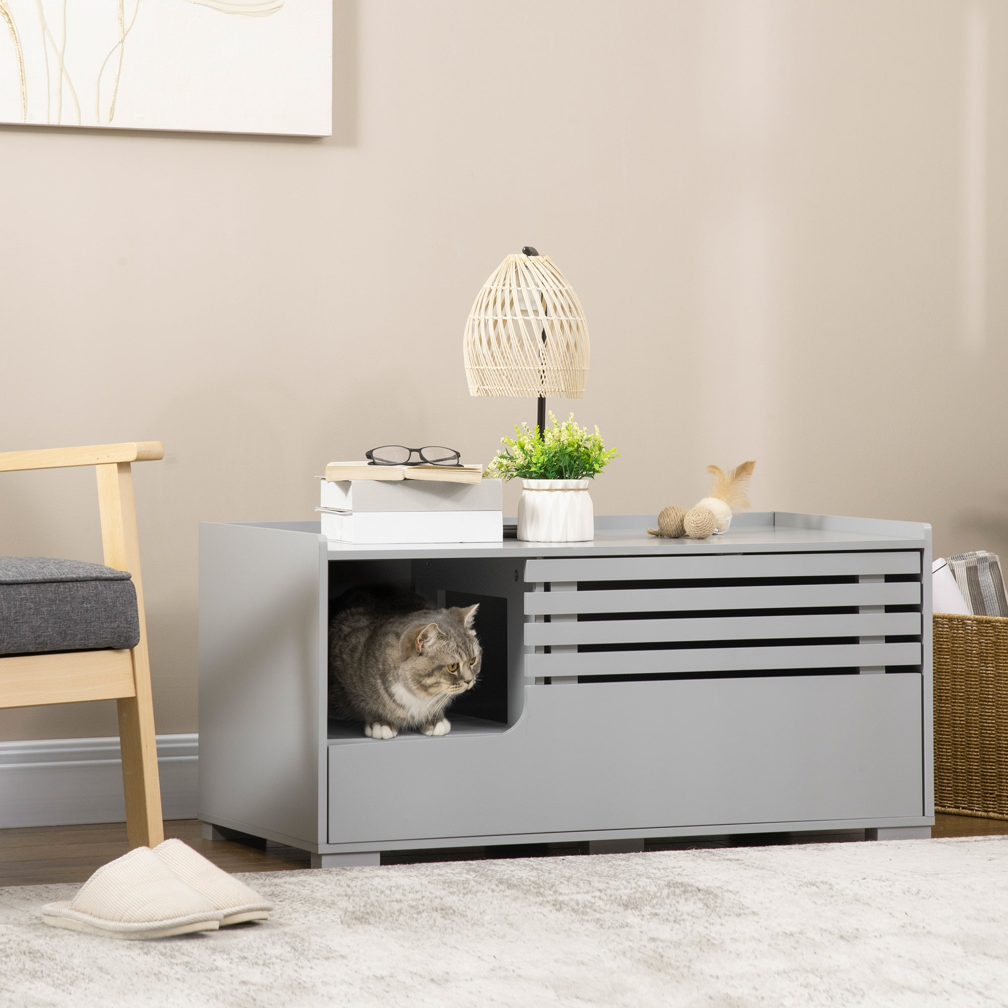 PawHut Cat Litter Box Enclosure with Spacious Interior, Cat Washroom Storage End Table for Indoor Cats with Hidden Storage Cabinet Space, Elevated Bottom, Grey