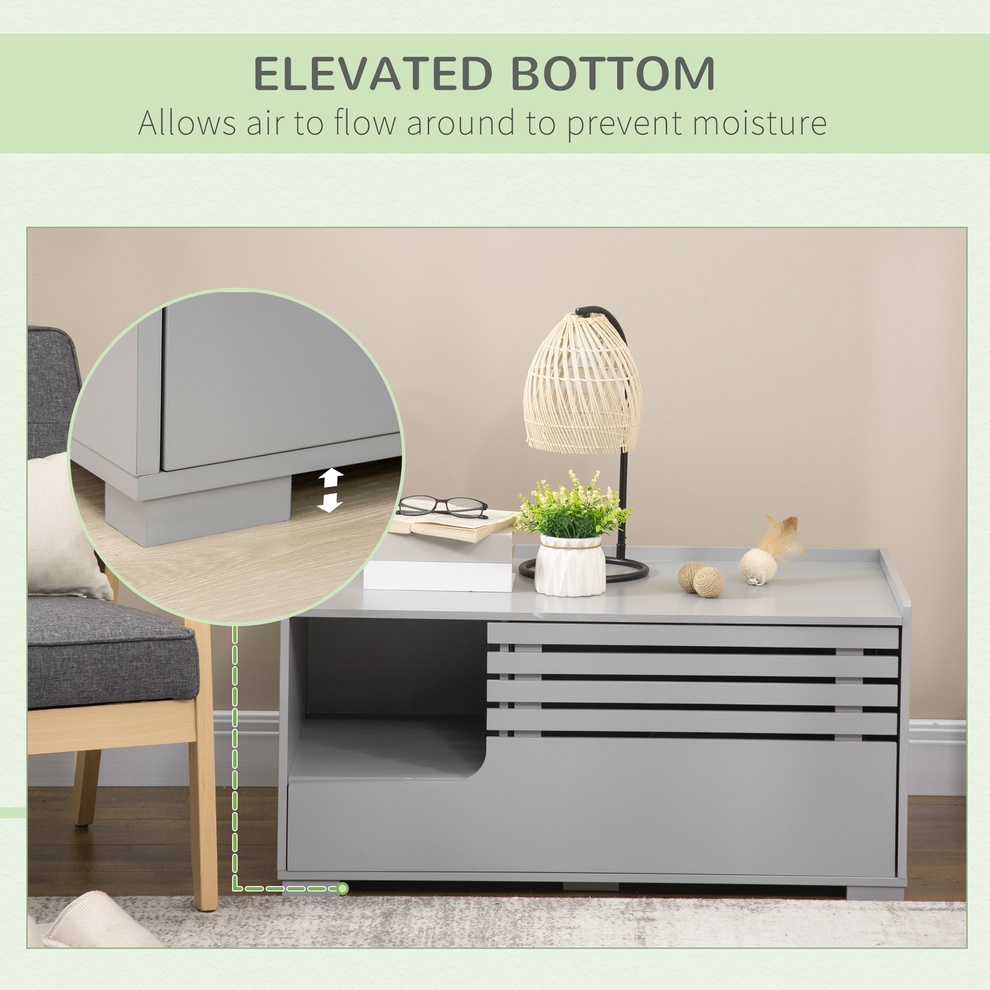 PawHut Cat Litter Box Enclosure with Spacious Interior, Cat Washroom Storage End Table for Indoor Cats with Hidden Storage Cabinet Space, Elevated Bottom, Grey