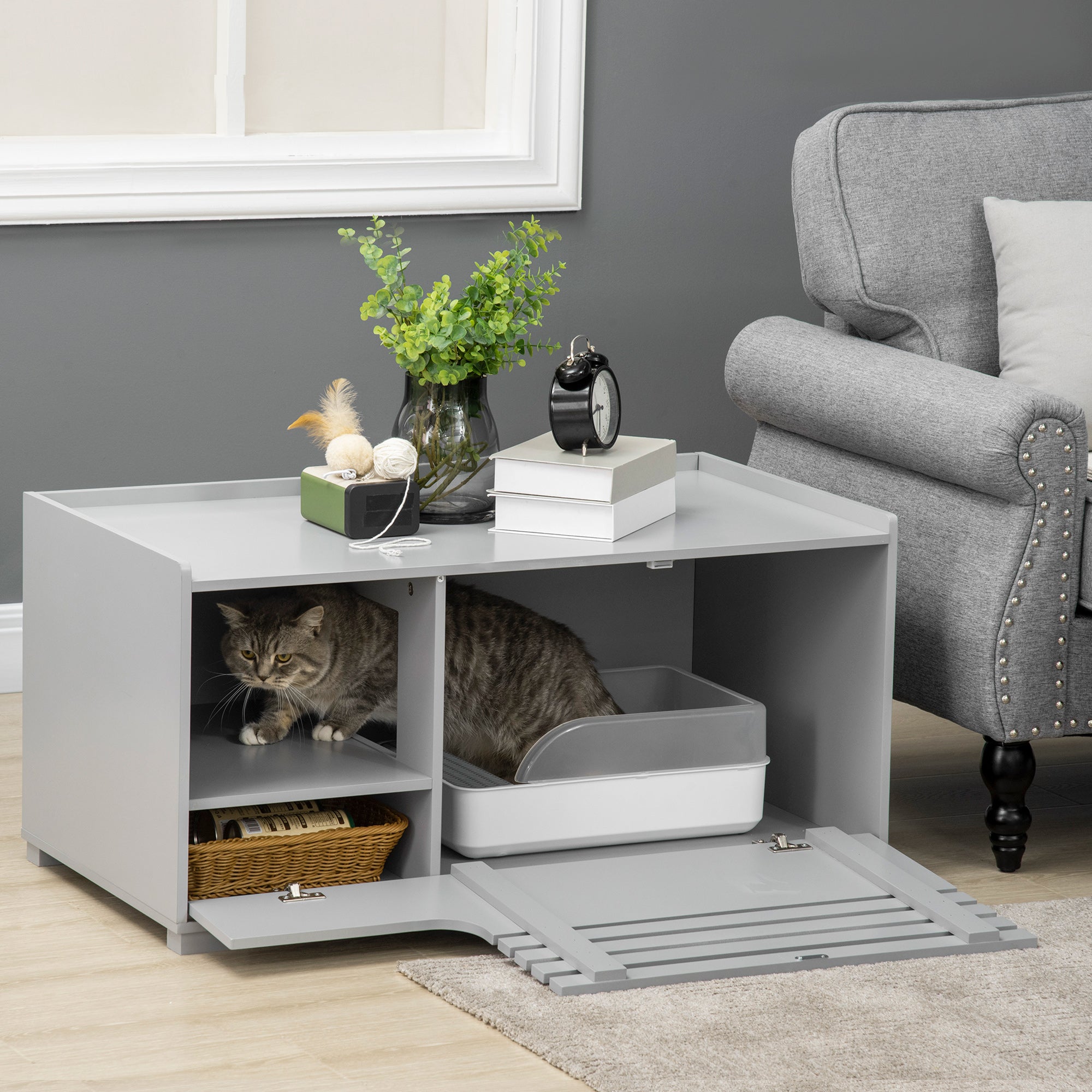 PawHut Cat Litter Box Enclosure with Spacious Interior, Cat Washroom Storage End Table for Indoor Cats with Hidden Storage Cabinet Space, Elevated Bottom, Grey