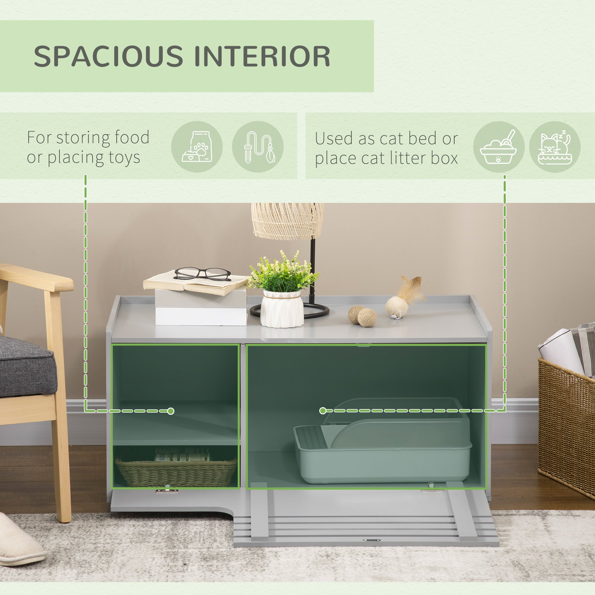 PawHut Cat Litter Box Enclosure with Spacious Interior, Cat Washroom Storage End Table for Indoor Cats with Hidden Storage Cabinet Space, Elevated Bottom, Grey