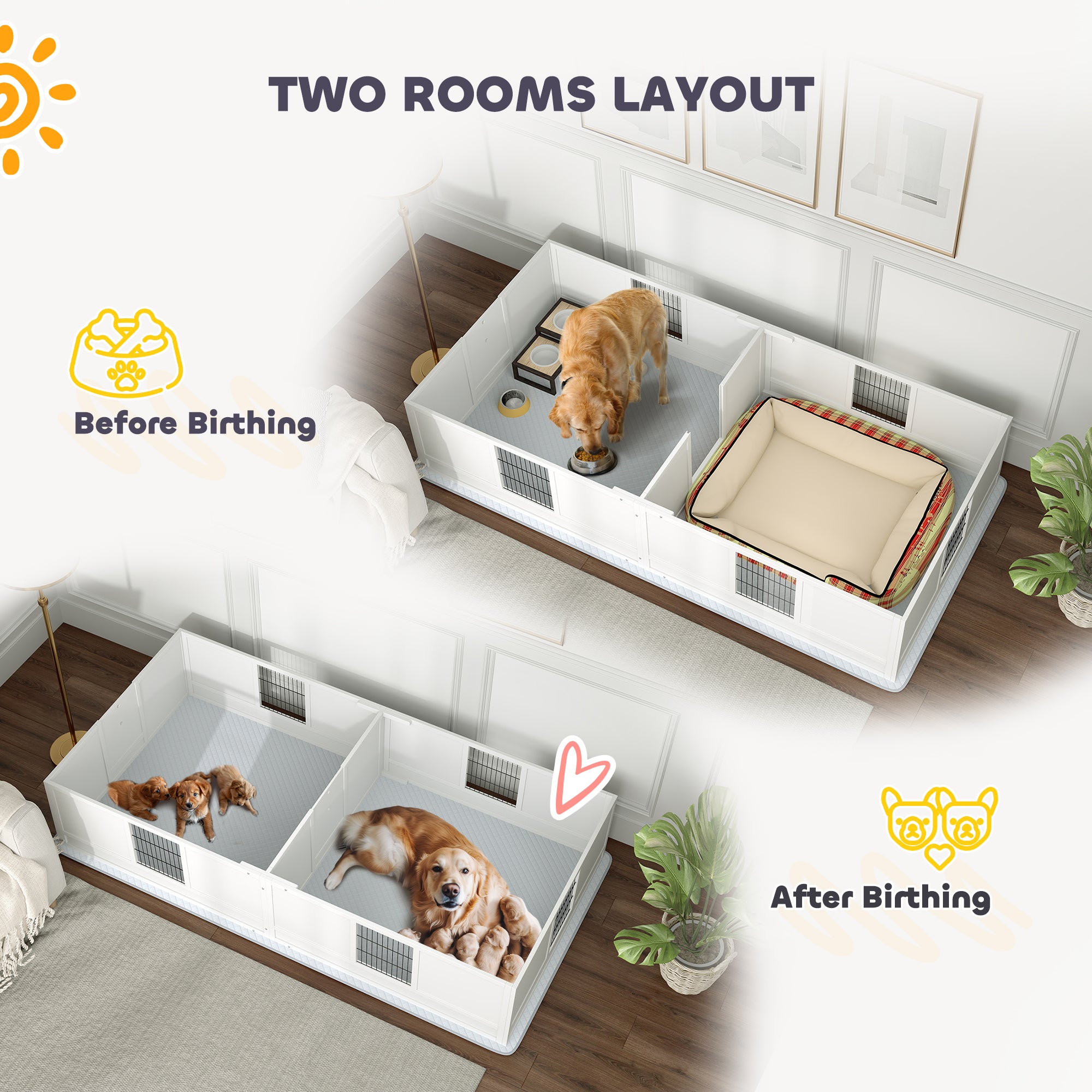 PawHut Whelping Box for Dogs and Puppies, Dog Whelping Box with Waterproof Pee Pad, Adjustable Height Door, for Large Dogs Indoor Use, 96" x 47" x 19"