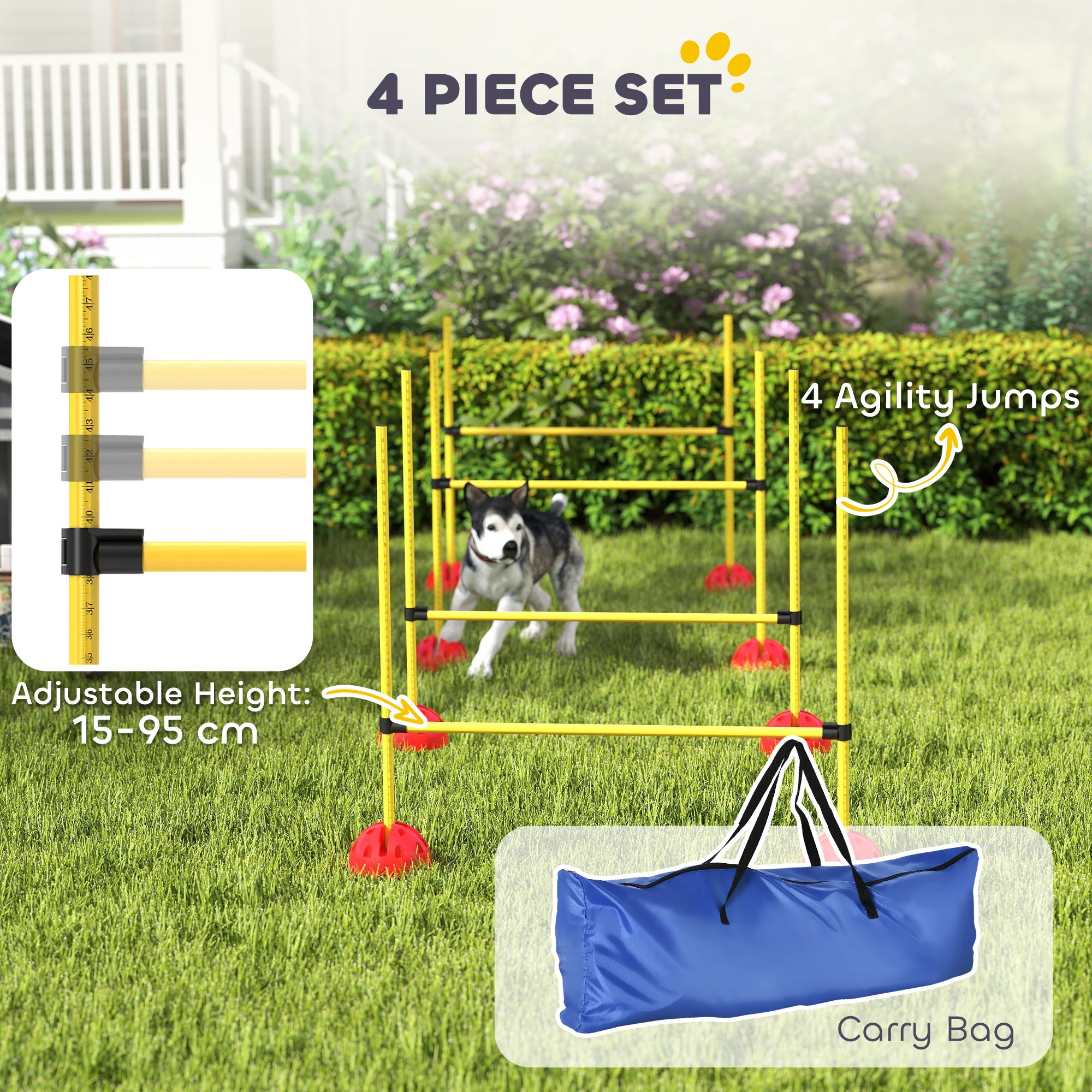 PawHut 4 Piece Agility Training Equipment for Dogs with 4 Height Adjustable Jump Hurdle, Carry Bag, Portable & Easy Assemble Dog Agility Equipment, Outdoor Obstacle Course for Obedience Training
