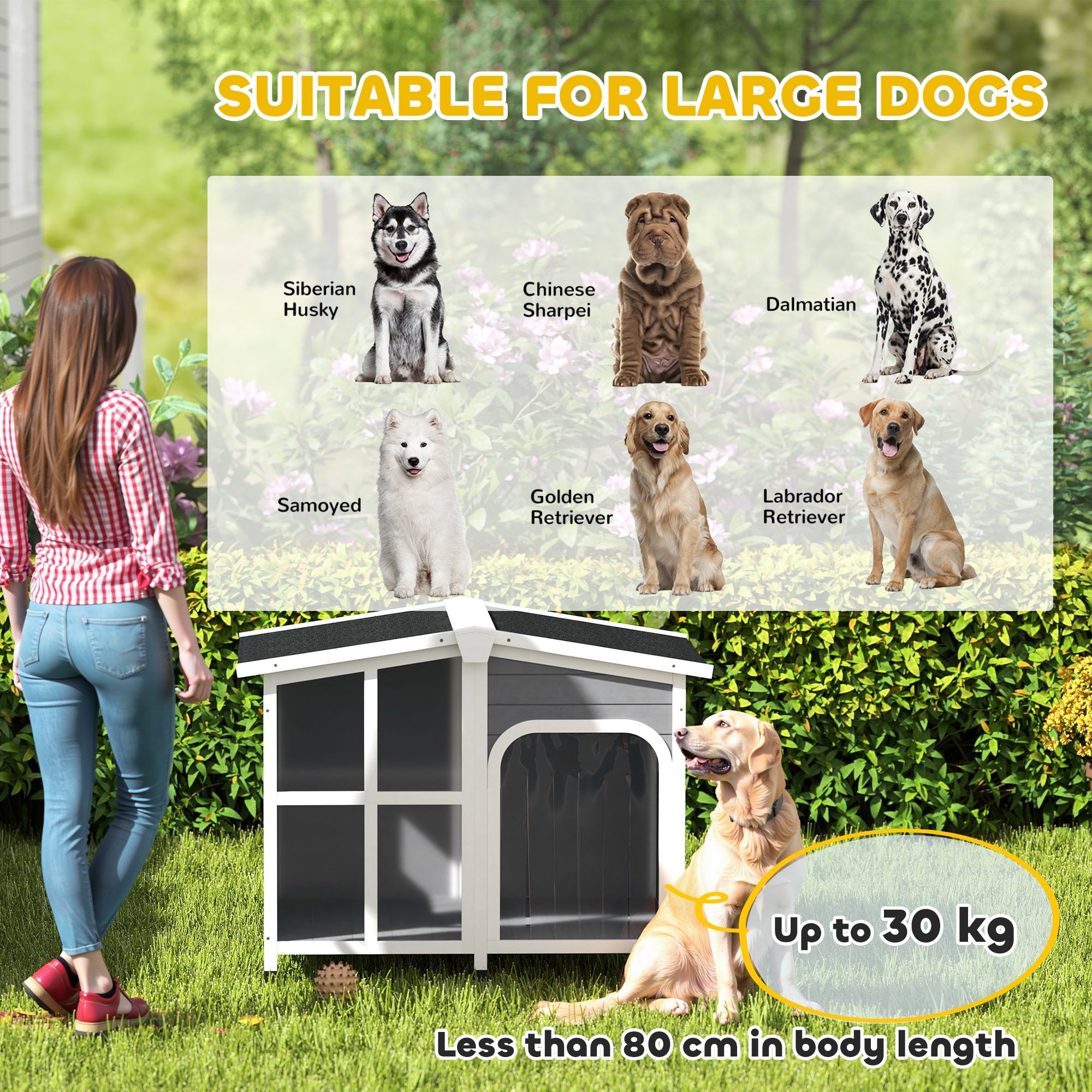PawHut Wooden Dog Kennel, Elevated Dog House with Removable Floor, Asphalt and Openable Roof, Giant Window, Outdoor Pet House Shelter for Large Dogs, Charcoal Grey