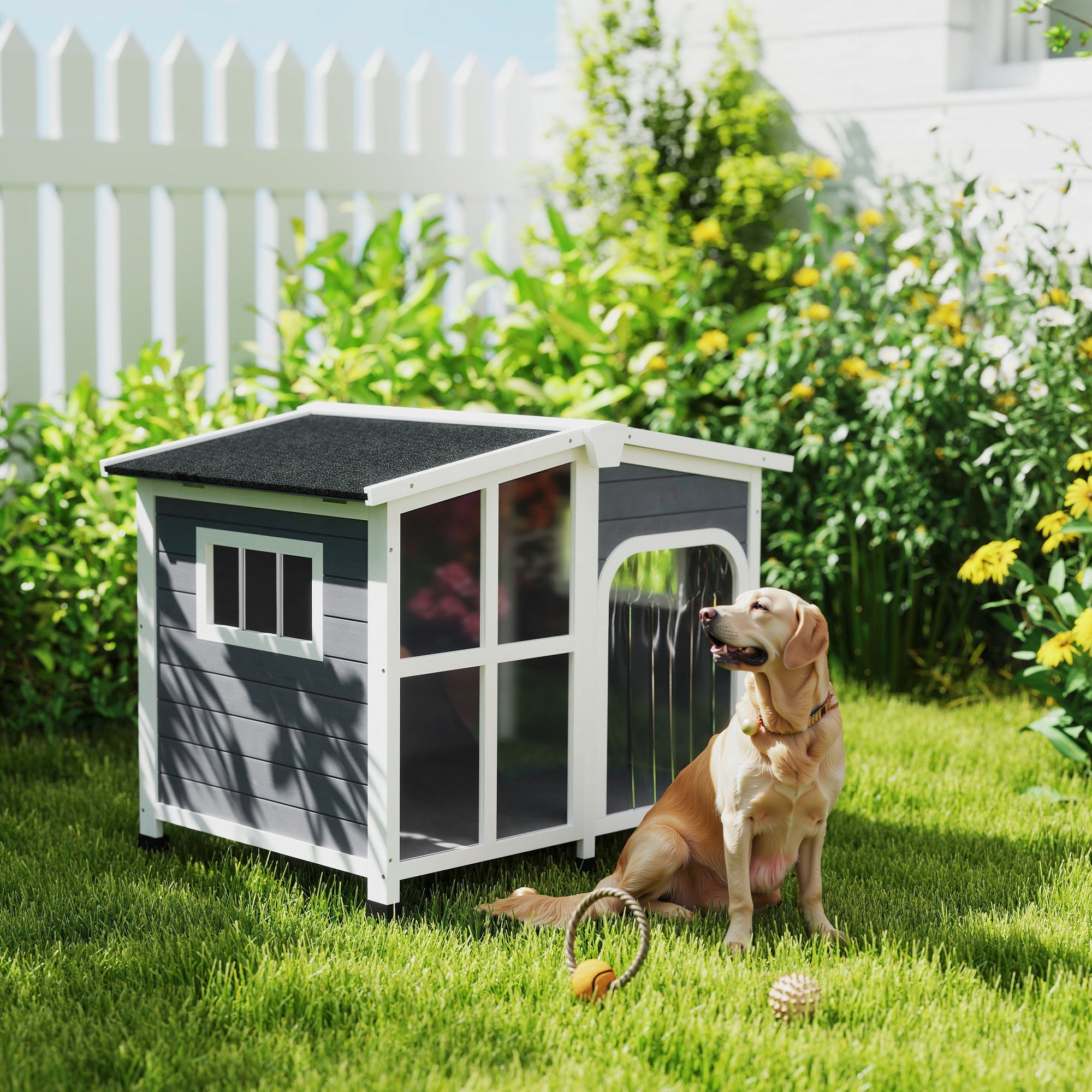 PawHut Wooden Dog House Outdoor with Removable Bottom, Cabin Style Raised Pet Kennel, with Openable Asphalt Roof, Door Curtain, Side Windows for Large Sized Dog, Dark Grey