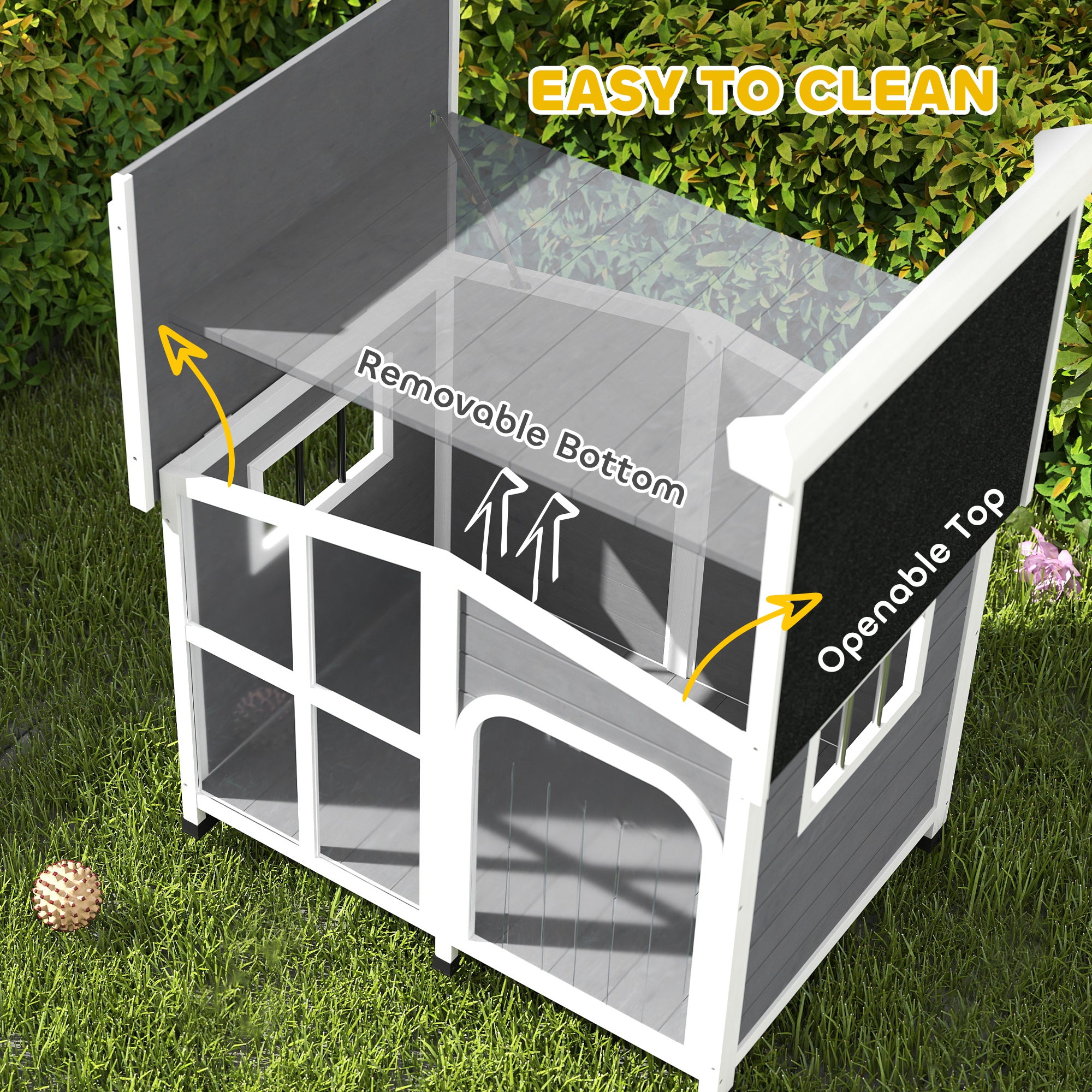 PawHut Wooden Dog House Outdoor with Removable Bottom, Cabin Style Raised Pet Kennel, with Openable Asphalt Roof, Door Curtain, Side Windows for Large Sized Dog, Dark Grey