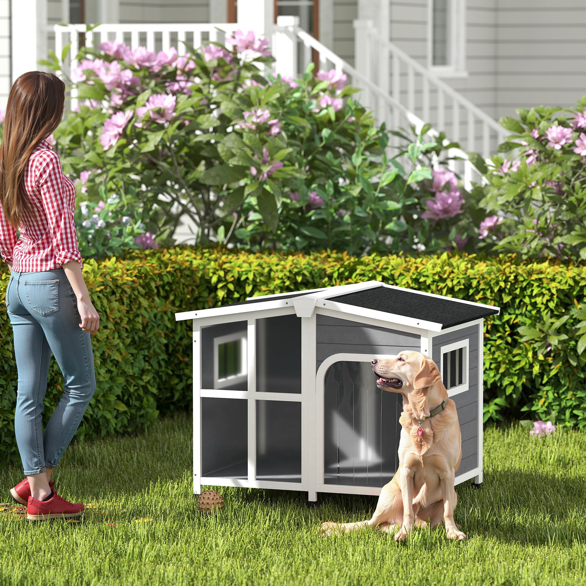PawHut Wooden Dog House Outdoor with Removable Bottom, Cabin Style Raised Pet Kennel, with Openable Asphalt Roof, Door Curtain, Side Windows for Large Sized Dog, Dark Grey