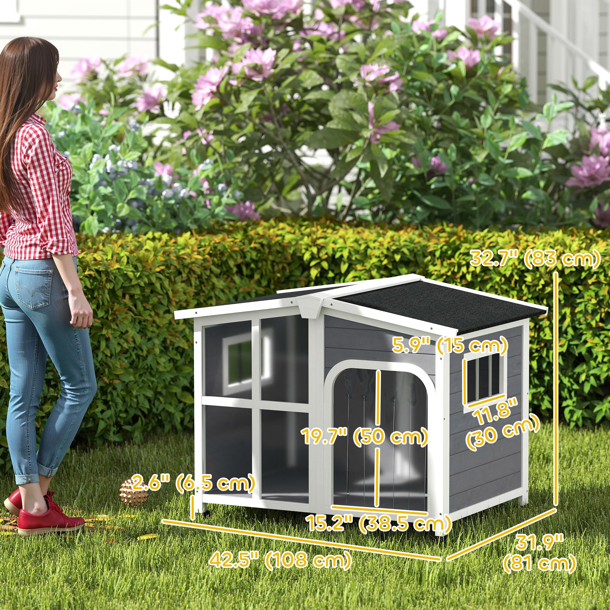 PawHut Wooden Dog House Outdoor with Removable Bottom, Cabin Style Raised Pet Kennel, with Openable Asphalt Roof, Door Curtain, Side Windows for Large Sized Dog, Dark Grey