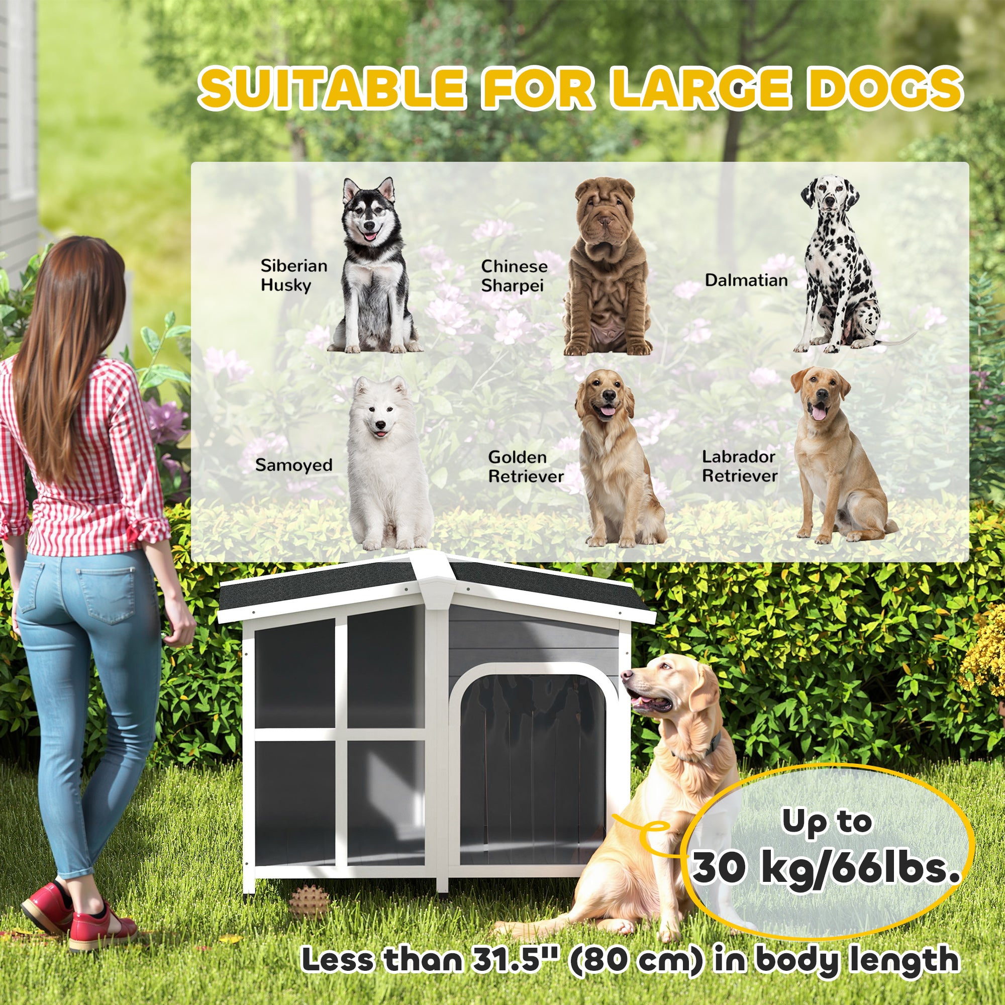 PawHut Wooden Dog House Outdoor with Removable Bottom, Cabin Style Raised Pet Kennel, with Openable Asphalt Roof, Door Curtain, Side Windows for Large Sized Dog, Dark Grey
