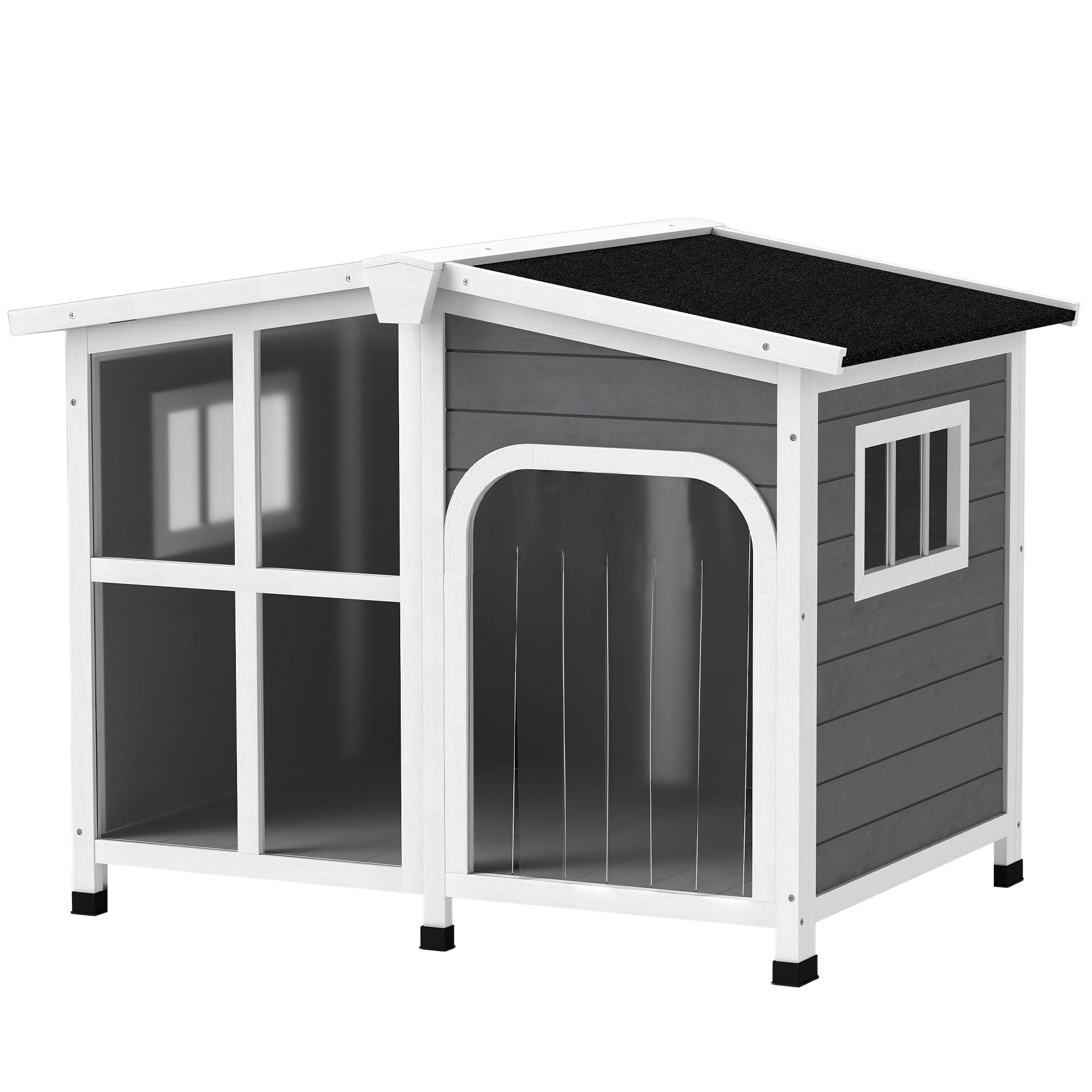 PawHut Wooden Dog House Outdoor with Removable Bottom, Cabin Style Raised Pet Kennel, with Openable Asphalt Roof, Door Curtain, Side Windows for Large Sized Dog, Dark Grey