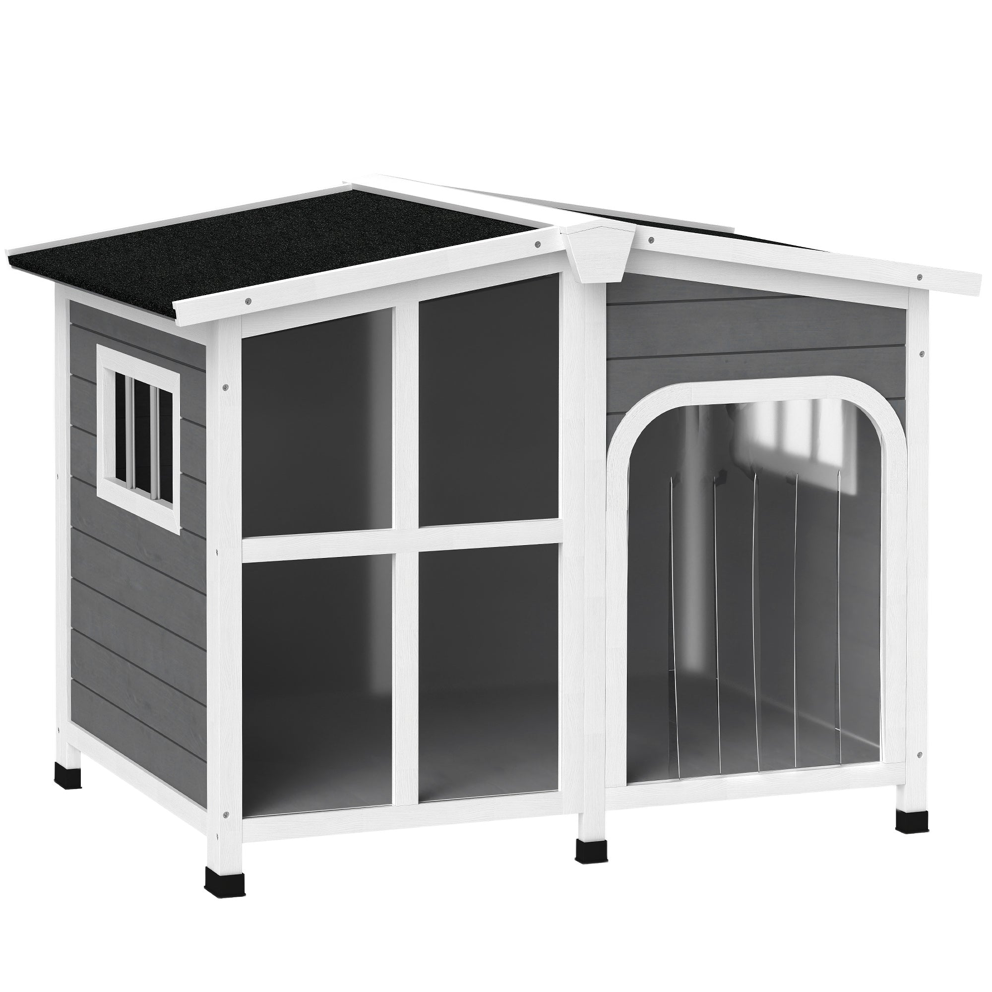 PawHut Wooden Dog House Outdoor with Removable Bottom, Cabin Style Raised Pet Kennel, with Openable Asphalt Roof, Door Curtain, Side Windows for Large Sized Dog, Dark Grey