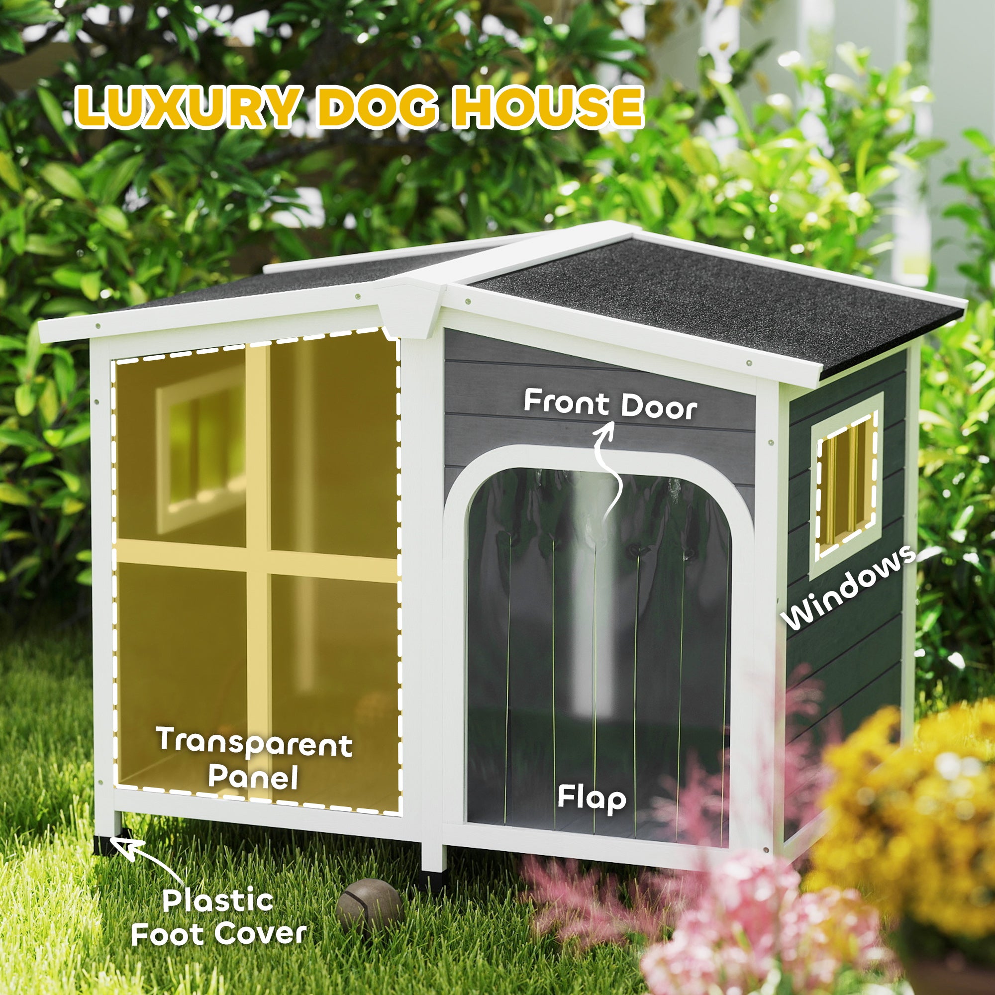 PawHut Wooden Dog House Outdoor with Removable Bottom, Cabin Style Raised Pet Kennel, with Openable Asphalt Roof, Door Curtain, Side Windows for Large Sized Dog, Dark Grey