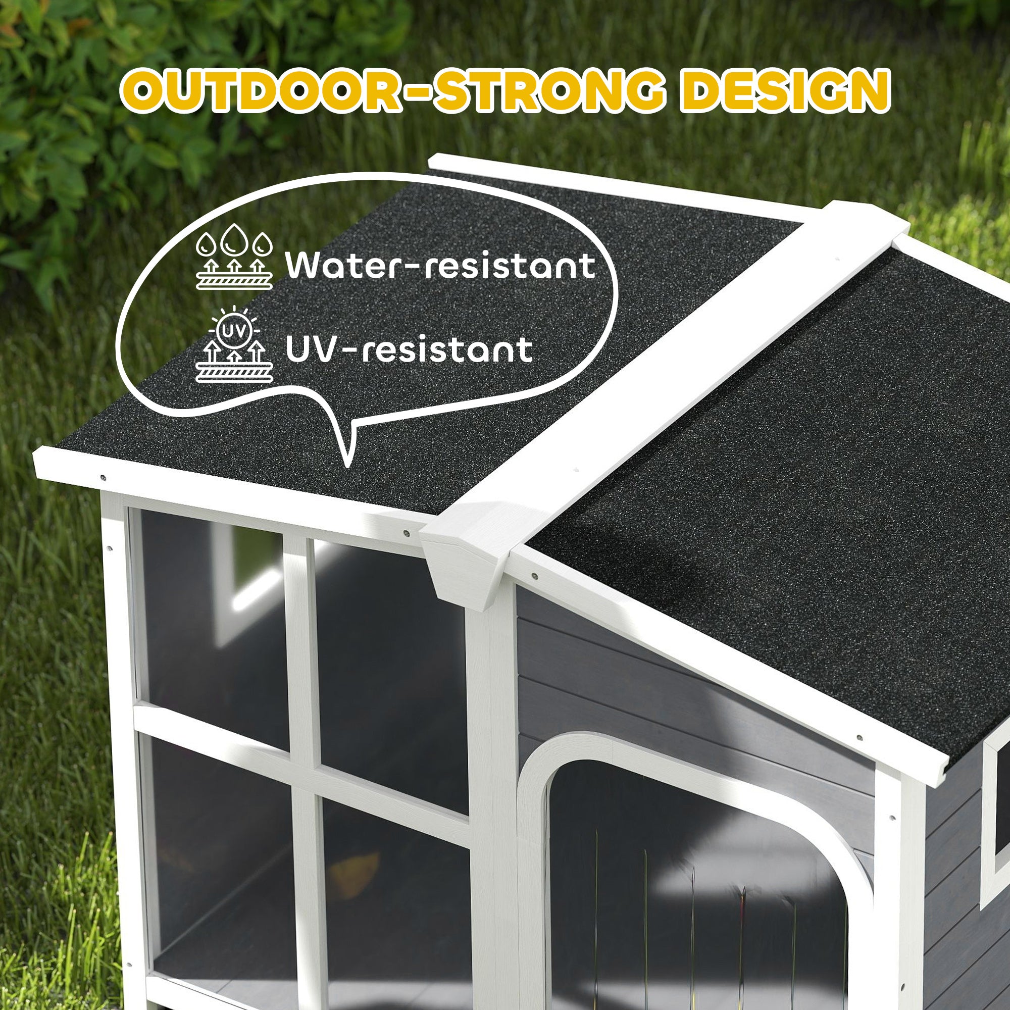 PawHut Wooden Dog House Outdoor with Removable Bottom, Cabin Style Raised Pet Kennel, with Openable Asphalt Roof, Door Curtain, Side Windows for Large Sized Dog, Dark Grey