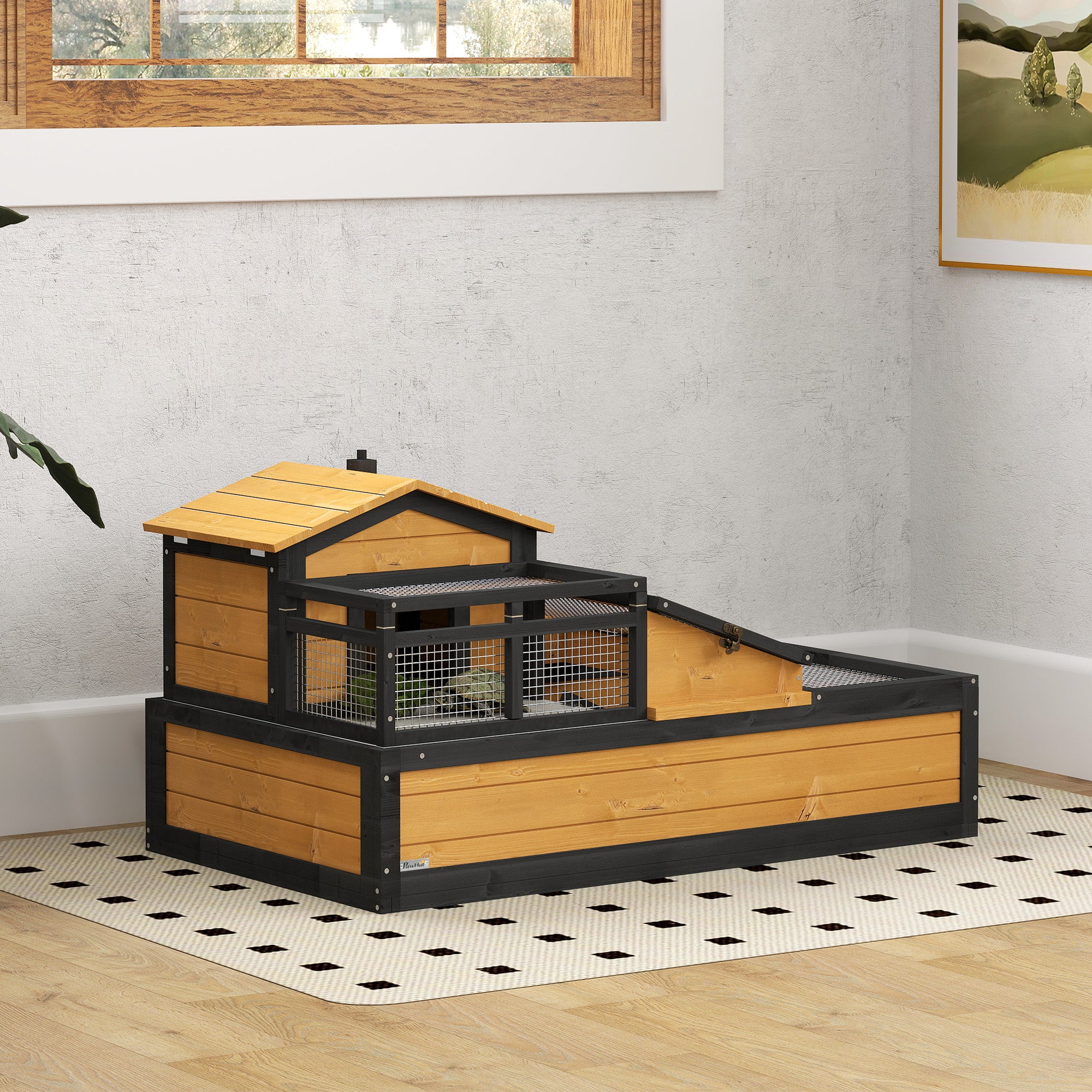 PawHut 3- Room Tortoise House Habitat with Balcony & 2 Stories, Indoor/ Outdoor Wooden Tortoise Enclosure with Ladder, Tray, Openable Roof, Large Reptile Cage, 44" x 25.5" x 23", Yellow