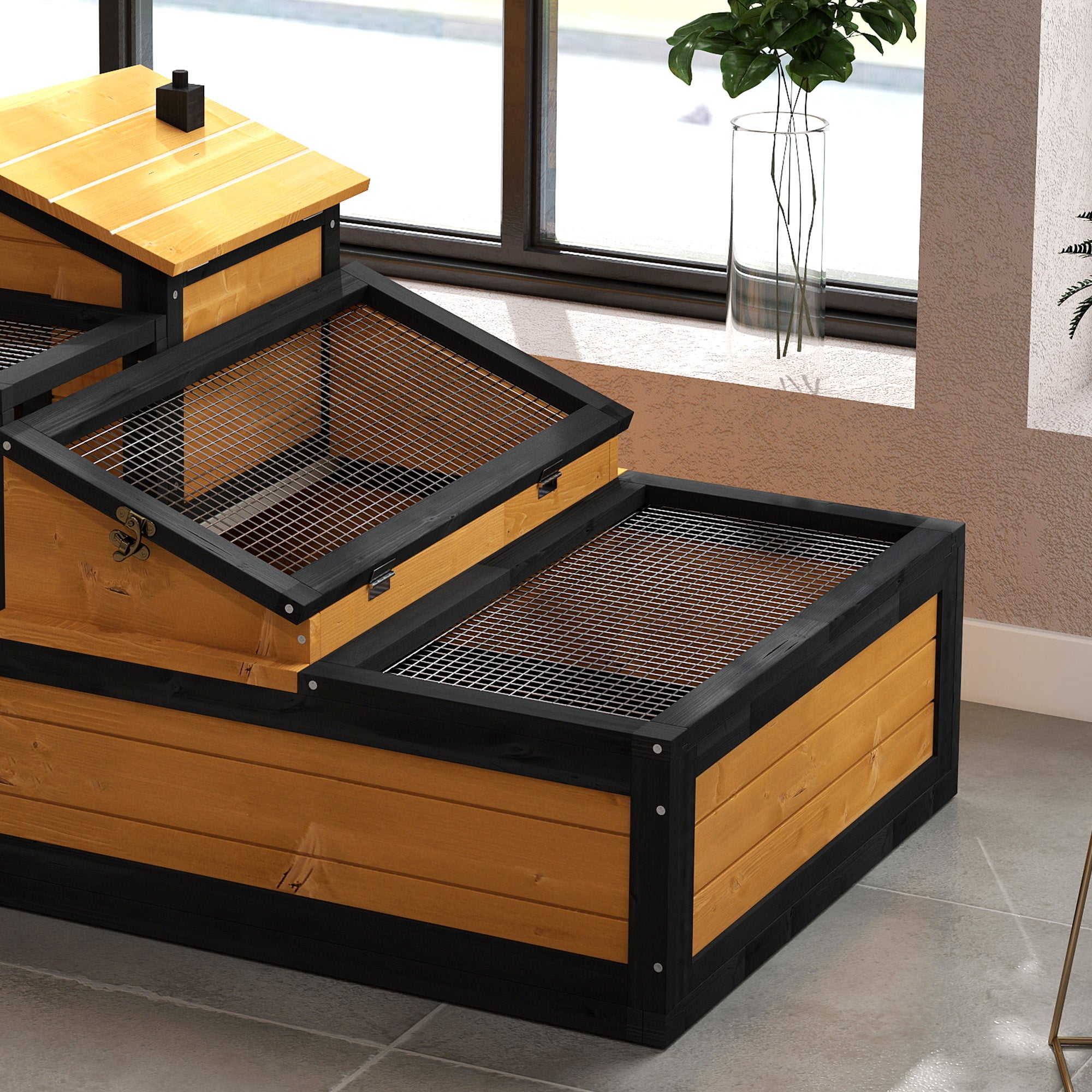 PawHut 3- Room Tortoise House Habitat with Balcony & 2 Stories, Indoor/ Outdoor Wooden Tortoise Enclosure with Ladder, Tray, Openable Roof, Large Reptile Cage, 44" x 25.5" x 23", Yellow