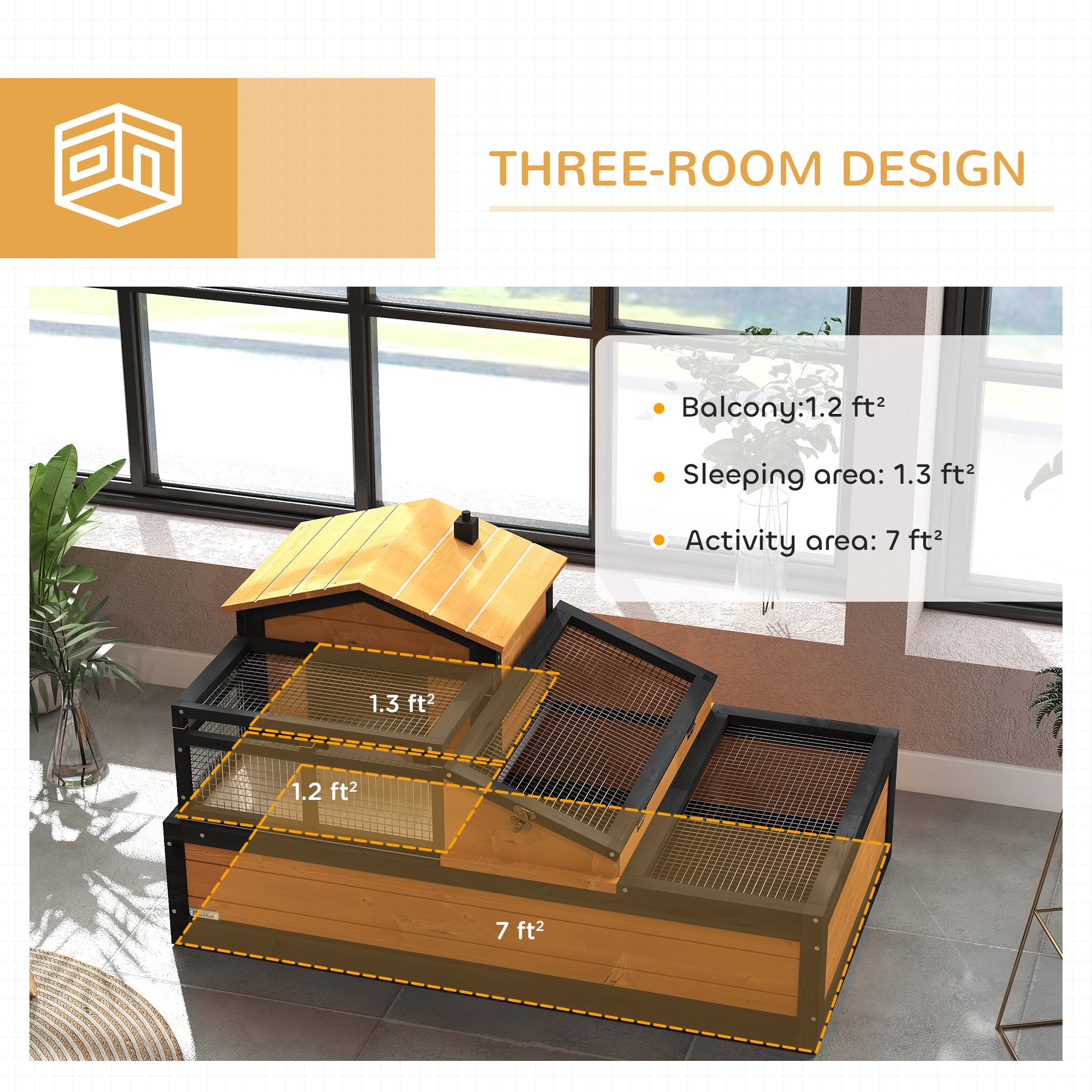 PawHut 3- Room Tortoise House Habitat with Balcony & 2 Stories, Indoor/ Outdoor Wooden Tortoise Enclosure with Ladder, Tray, Openable Roof, Large Reptile Cage, 44" x 25.5" x 23", Yellow
