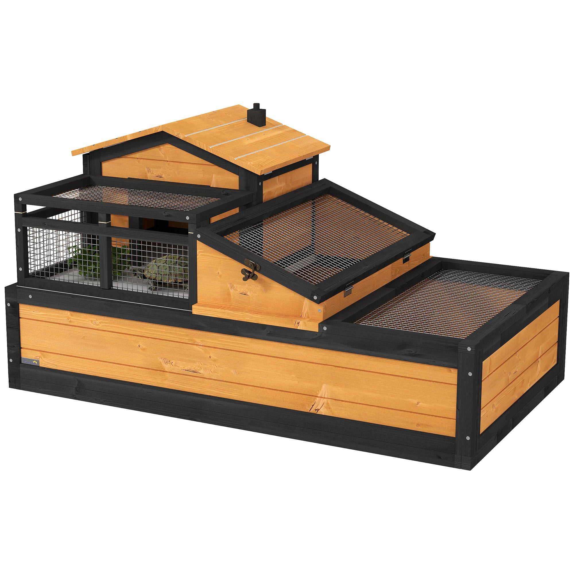 PawHut 3- Room Tortoise House Habitat with Balcony & 2 Stories, Indoor/ Outdoor Wooden Tortoise Enclosure with Ladder, Tray, Openable Roof, Large Reptile Cage, 44" x 25.5" x 23", Yellow