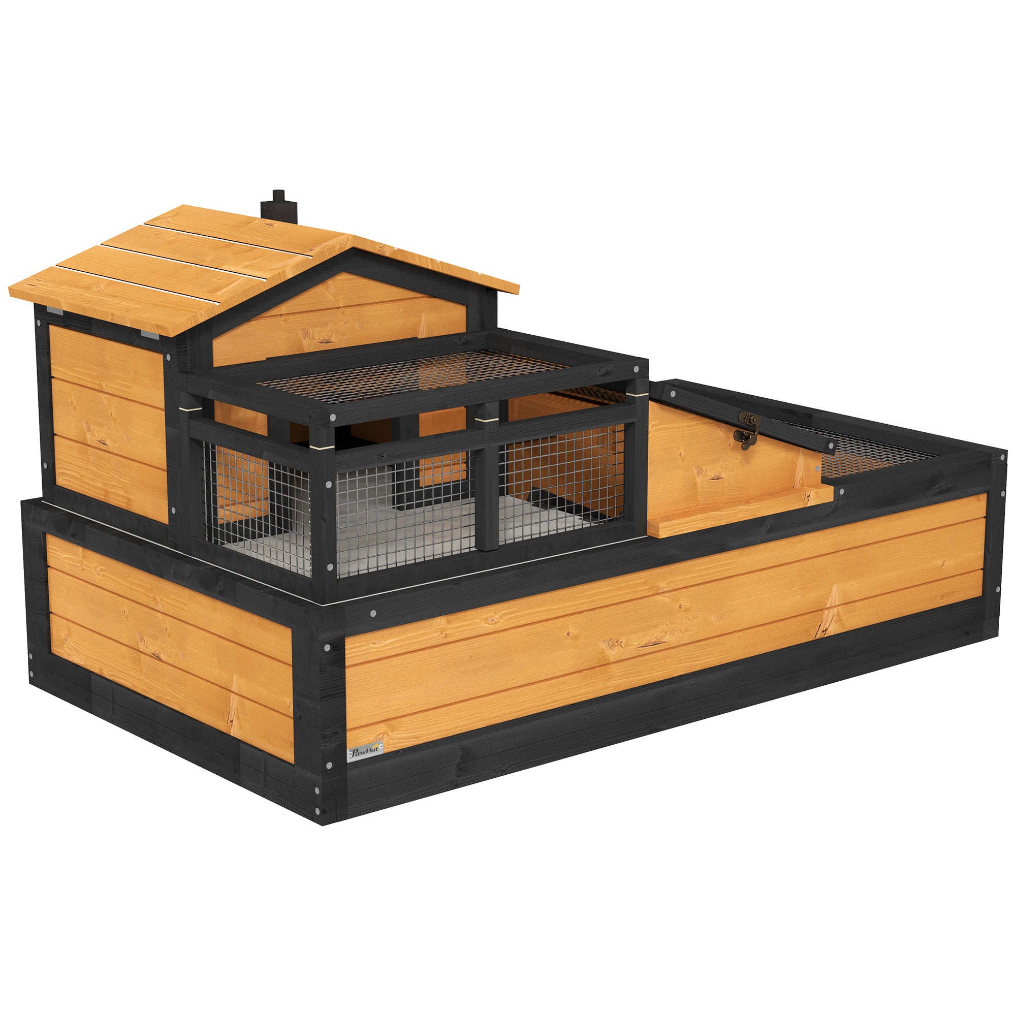 PawHut 3- Room Tortoise House Habitat with Balcony & 2 Stories, Indoor/ Outdoor Wooden Tortoise Enclosure with Ladder, Tray, Openable Roof, Large Reptile Cage, 44" x 25.5" x 23", Yellow