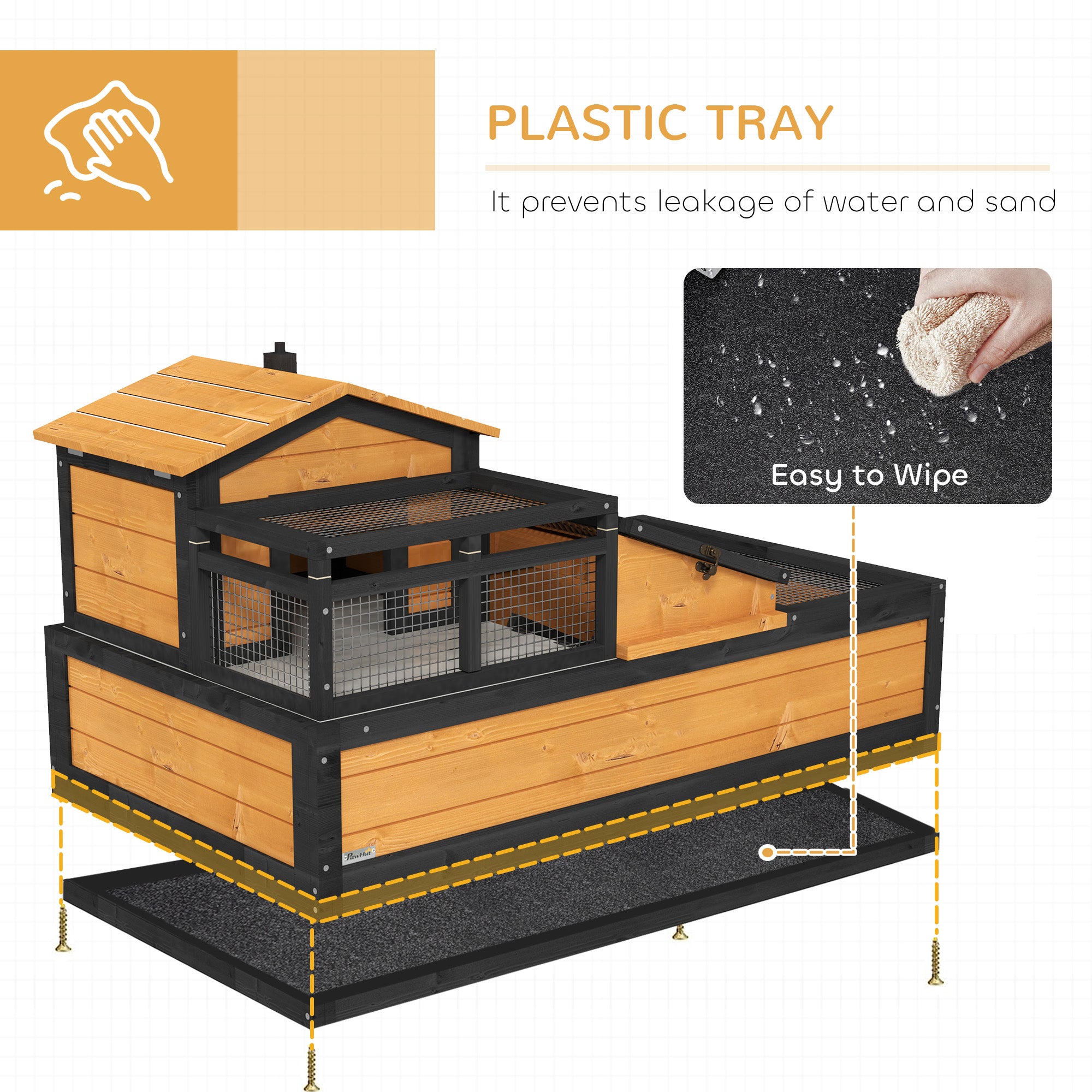 PawHut 3- Room Tortoise House Habitat with Balcony & 2 Stories, Indoor/ Outdoor Wooden Tortoise Enclosure with Ladder, Tray, Openable Roof, Large Reptile Cage, 44" x 25.5" x 23", Yellow