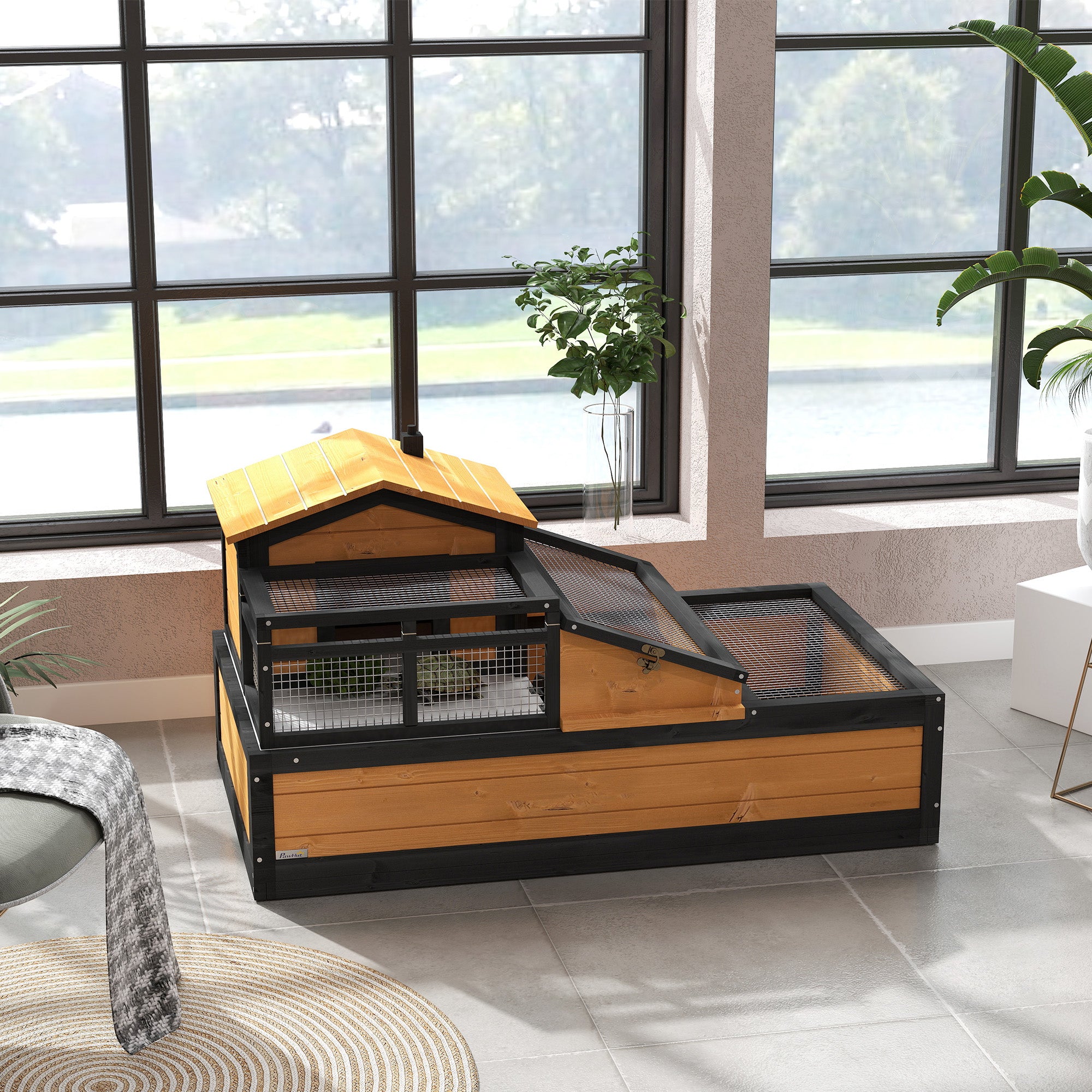 PawHut 3- Room Tortoise House Habitat with Balcony & 2 Stories, Indoor/ Outdoor Wooden Tortoise Enclosure with Ladder, Tray, Openable Roof, Large Reptile Cage, 44" x 25.5" x 23", Yellow