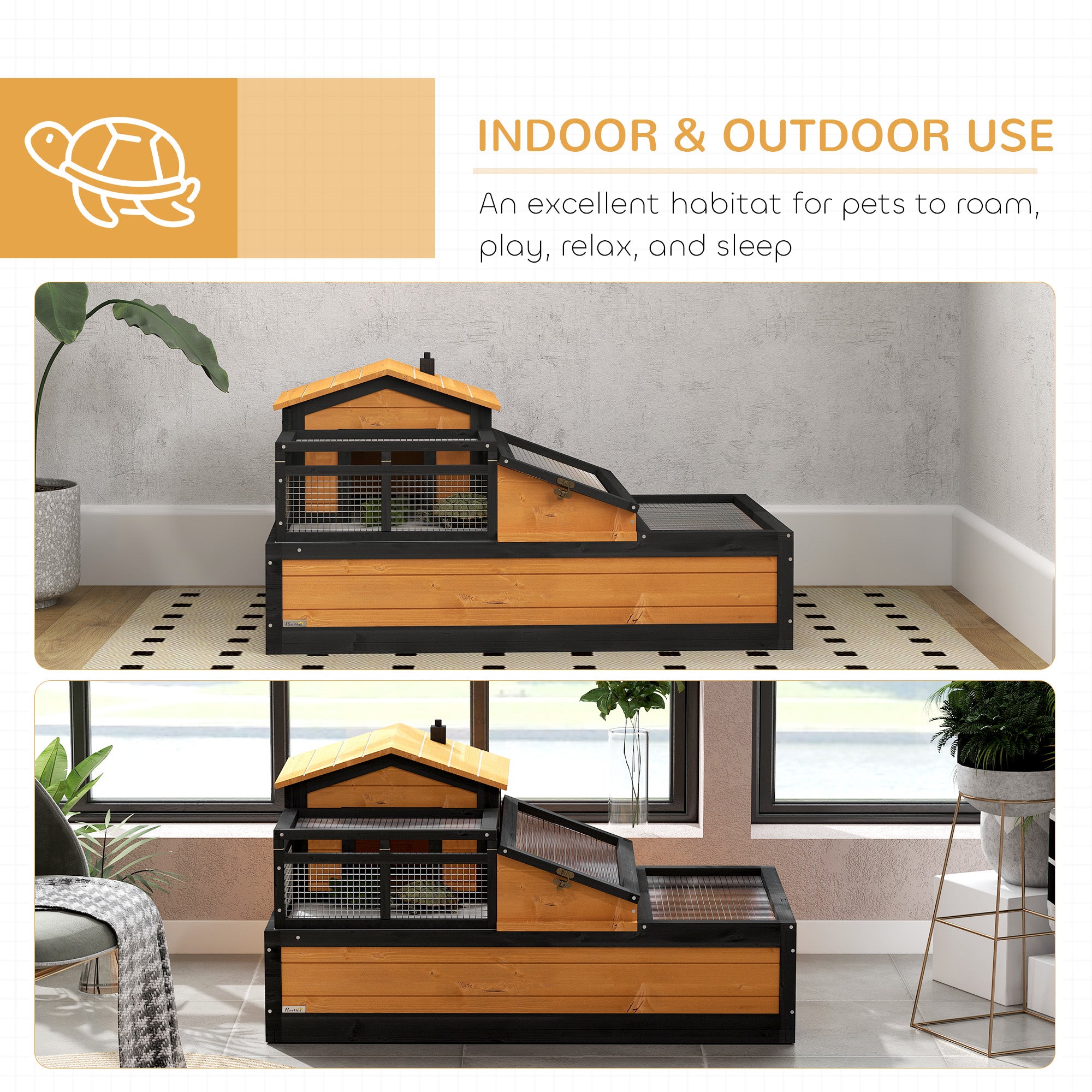 PawHut 3- Room Tortoise House Habitat with Balcony & 2 Stories, Indoor/ Outdoor Wooden Tortoise Enclosure with Ladder, Tray, Openable Roof, Large Reptile Cage, 44" x 25.5" x 23", Yellow