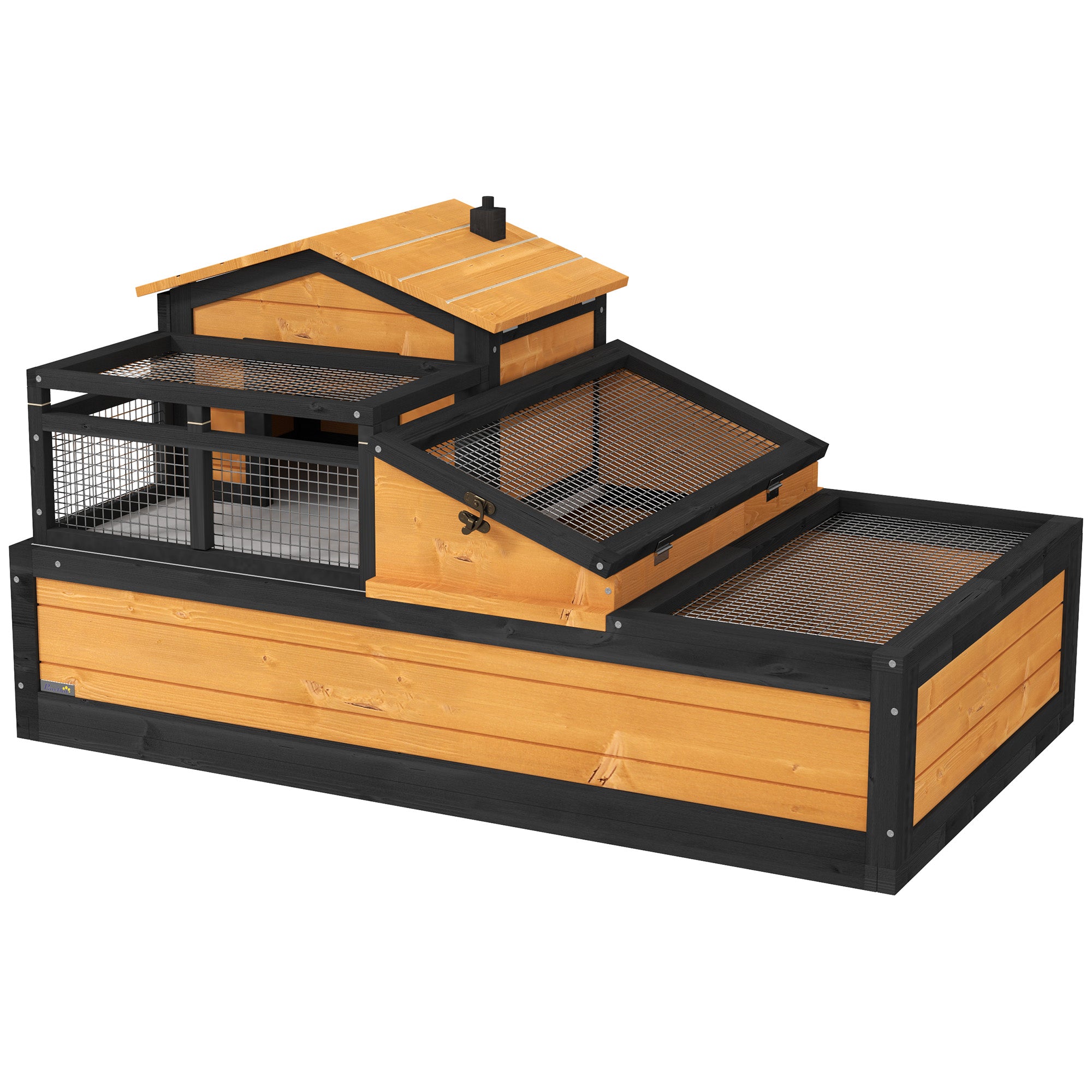 PawHut 3- Room Tortoise House Habitat with Balcony & 2 Stories, Indoor/ Outdoor Wooden Tortoise Enclosure with Ladder, Tray, Openable Roof, Large Reptile Cage, 44" x 25.5" x 23", Yellow