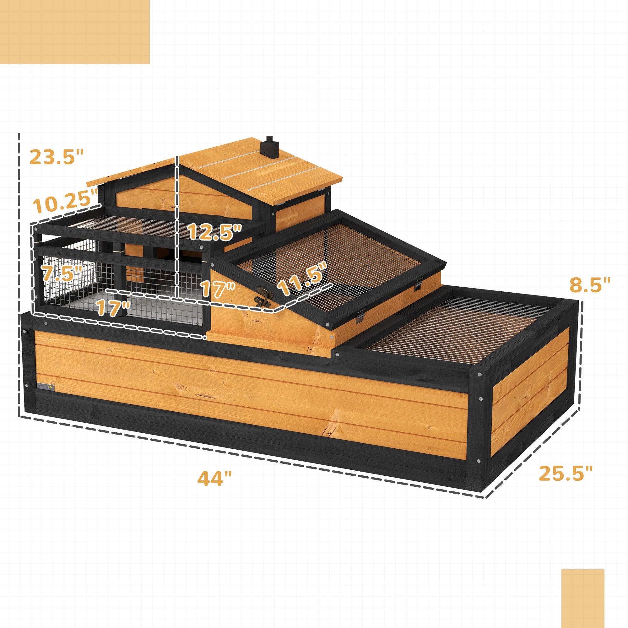 PawHut 3- Room Tortoise House Habitat with Balcony & 2 Stories, Indoor/ Outdoor Wooden Tortoise Enclosure with Ladder, Tray, Openable Roof, Large Reptile Cage, 44" x 25.5" x 23", Yellow