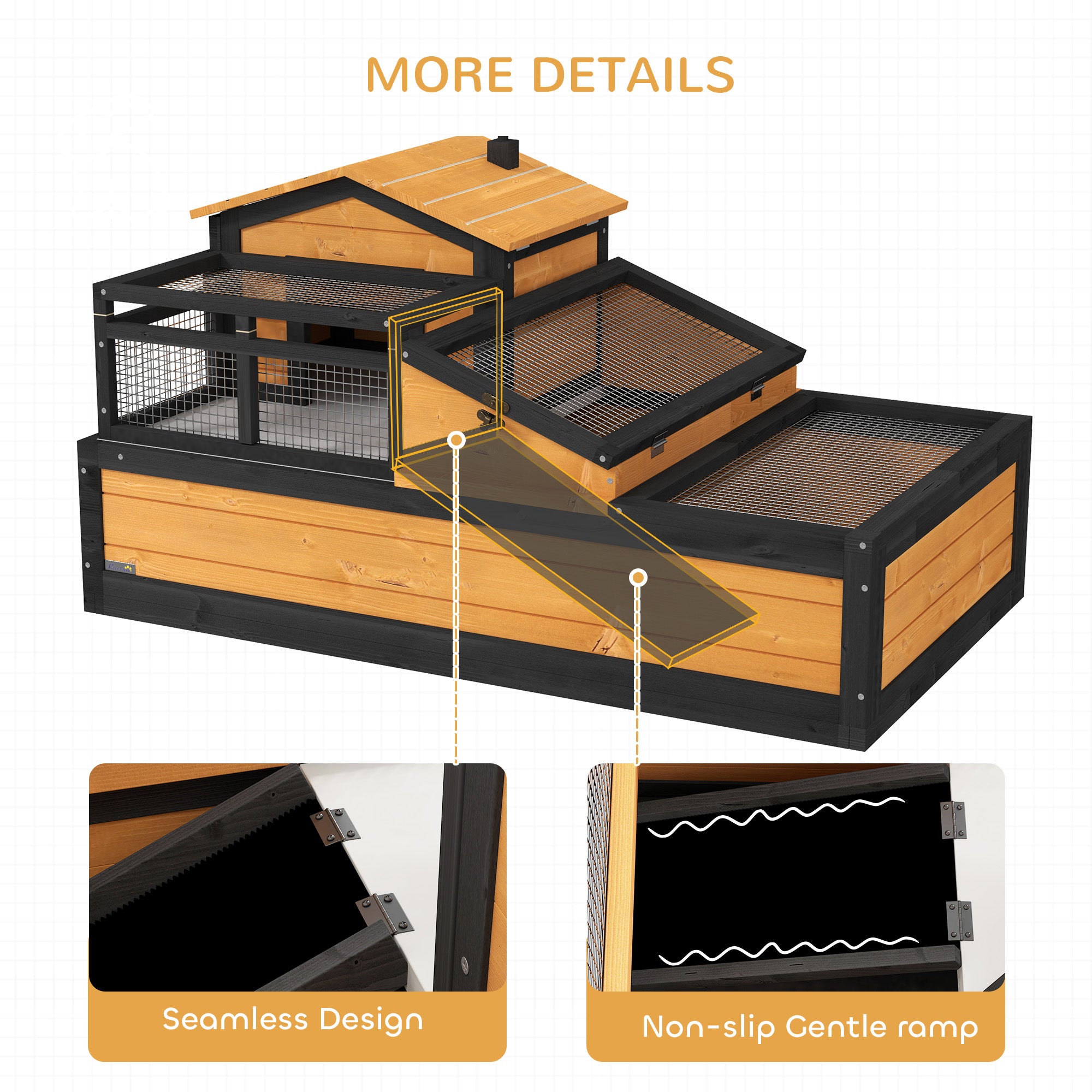 PawHut 3- Room Tortoise House Habitat with Balcony & 2 Stories, Indoor/ Outdoor Wooden Tortoise Enclosure with Ladder, Tray, Openable Roof, Large Reptile Cage, 44" x 25.5" x 23", Yellow