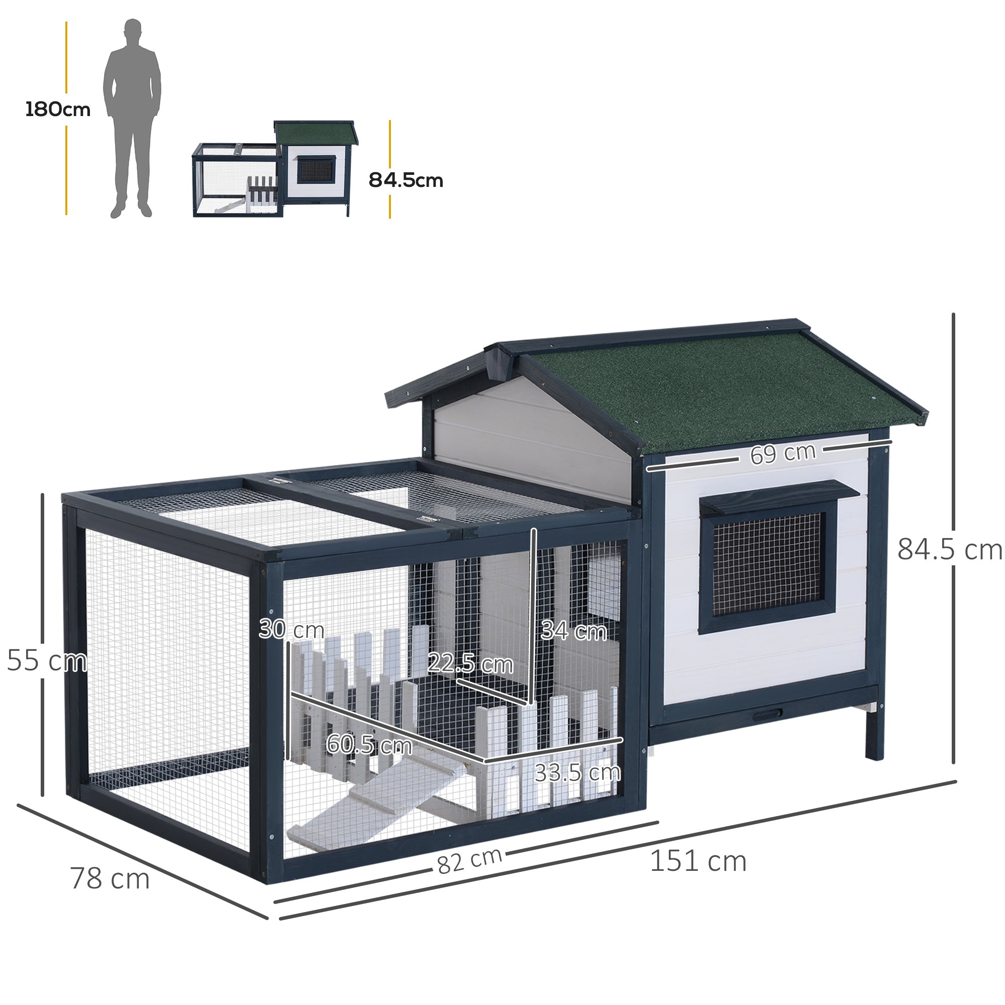 PawHut Wooden Rabbit Hutch Small Pet House Guinea Pig Hen Chicken Coop Poultry Wood Cage Pen w/ Run Fence Ramp