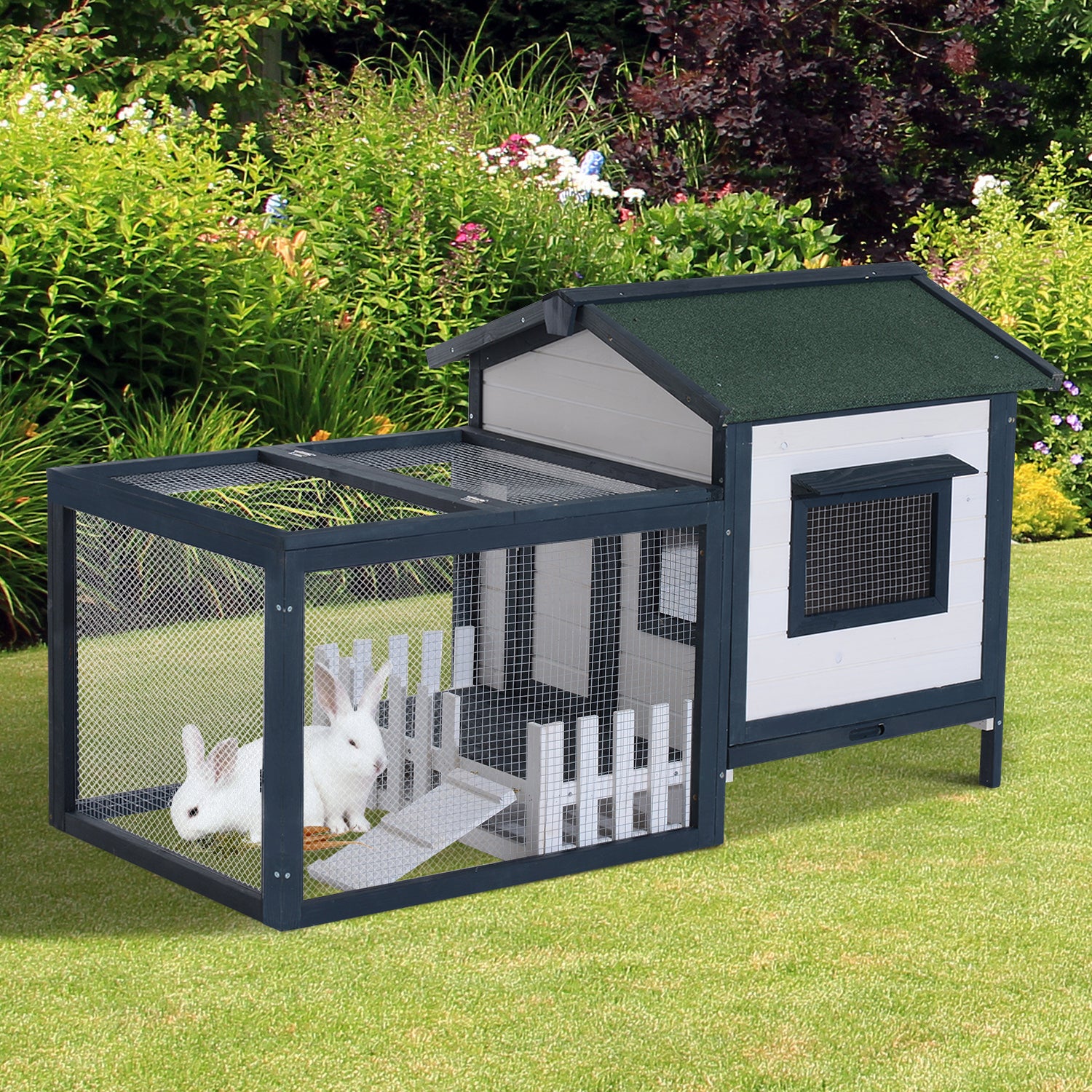 PawHut Wooden Rabbit Hutch Small Pet House Guinea Pig Hen Chicken Coop Poultry Wood Cage Pen w/ Run Fence Ramp