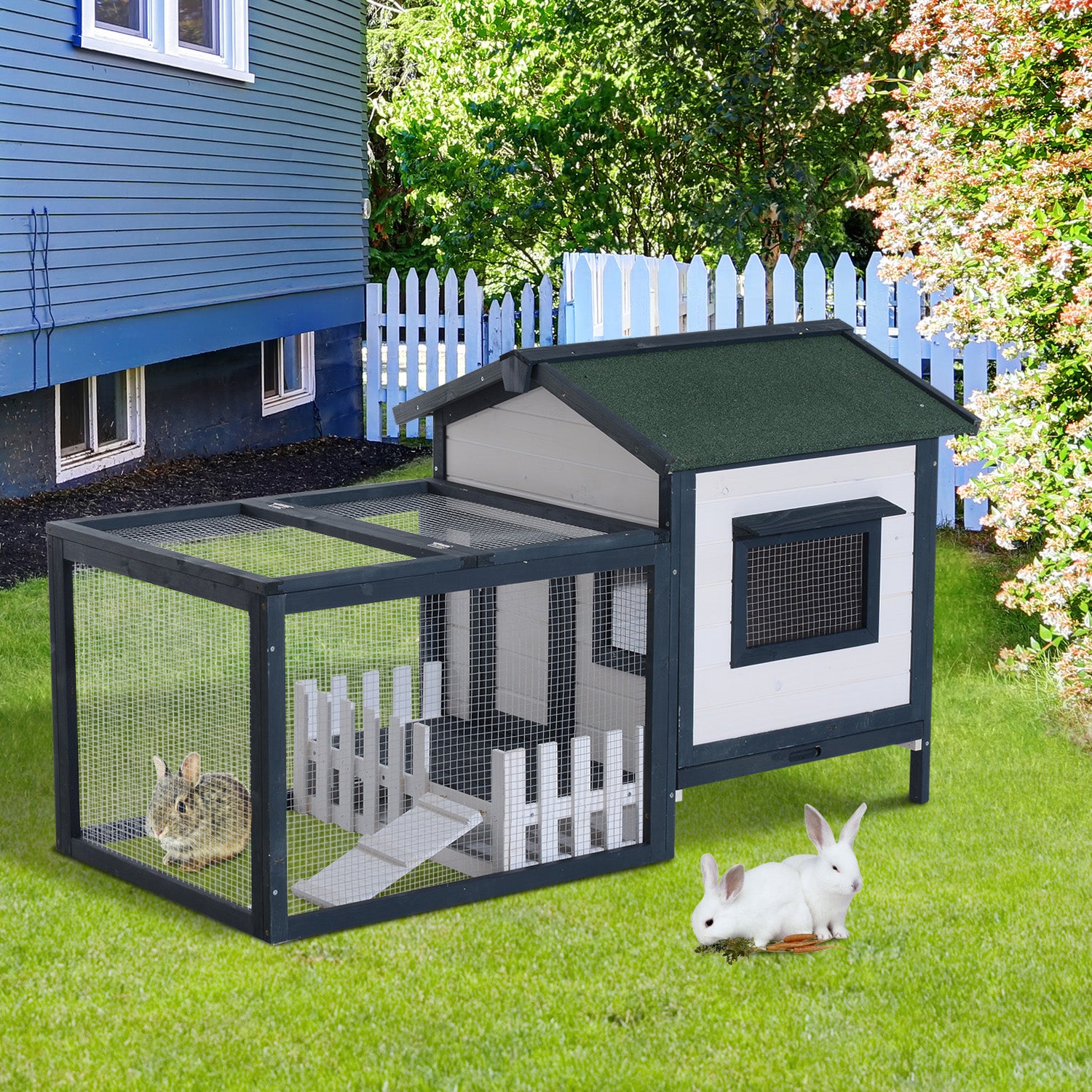 PawHut Wooden Rabbit Hutch Small Pet House Guinea Pig Hen Chicken Coop Poultry Wood Cage Pen w/ Run Fence Ramp