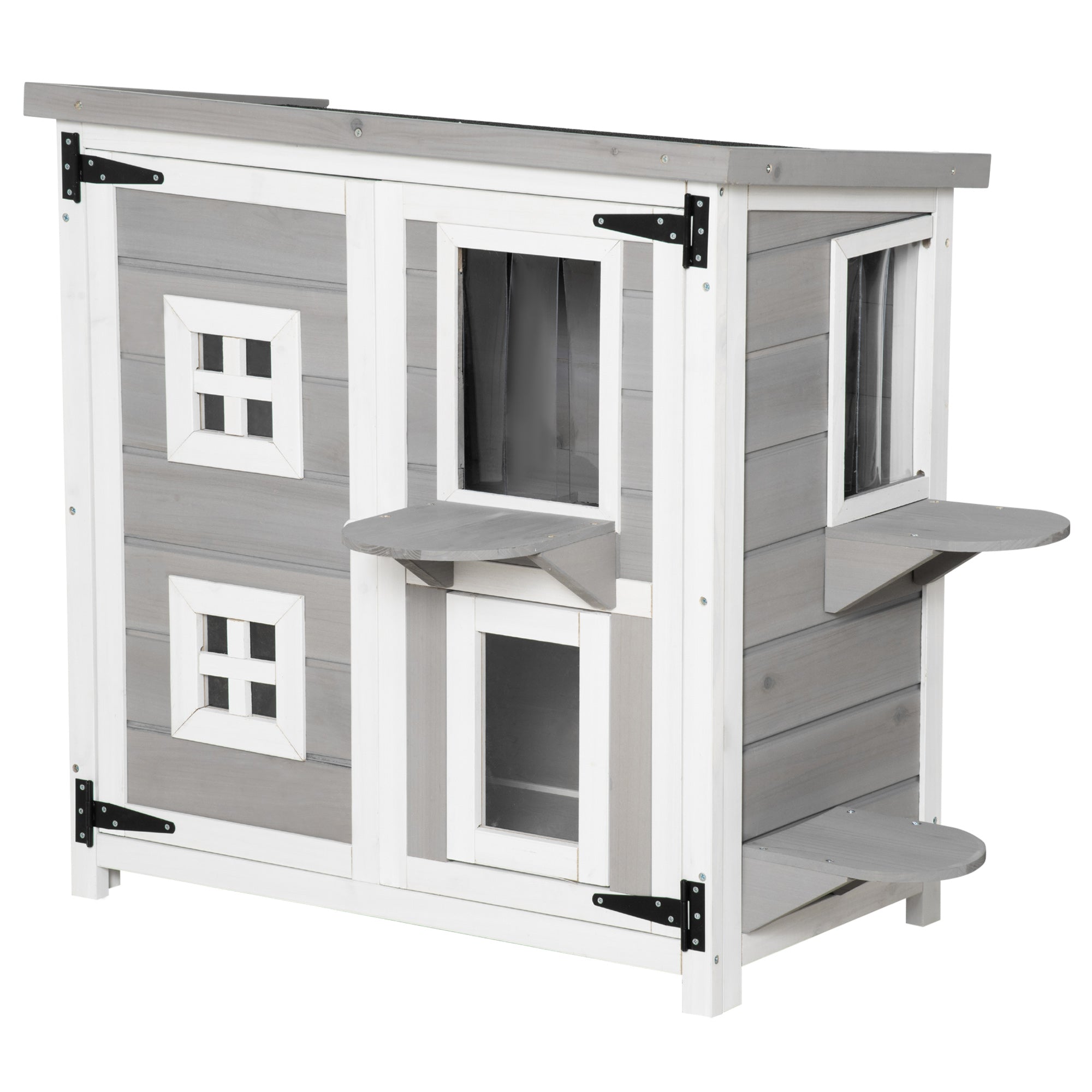 PawHut 2-Tier Cat House, Outdoor Feral Cat Shelter, with Weather Resistant Roof, Escape Door, PVC Curtain, Glass Window, Grey