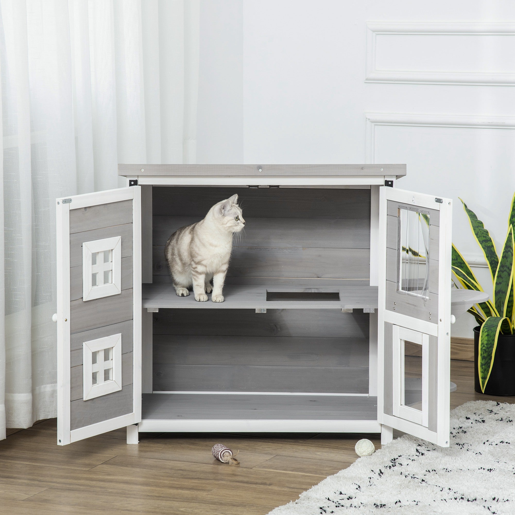 PawHut 2-Tier Cat House, Outdoor Feral Cat Shelter, with Weather Resistant Roof, Escape Door, PVC Curtain, Glass Window, Grey