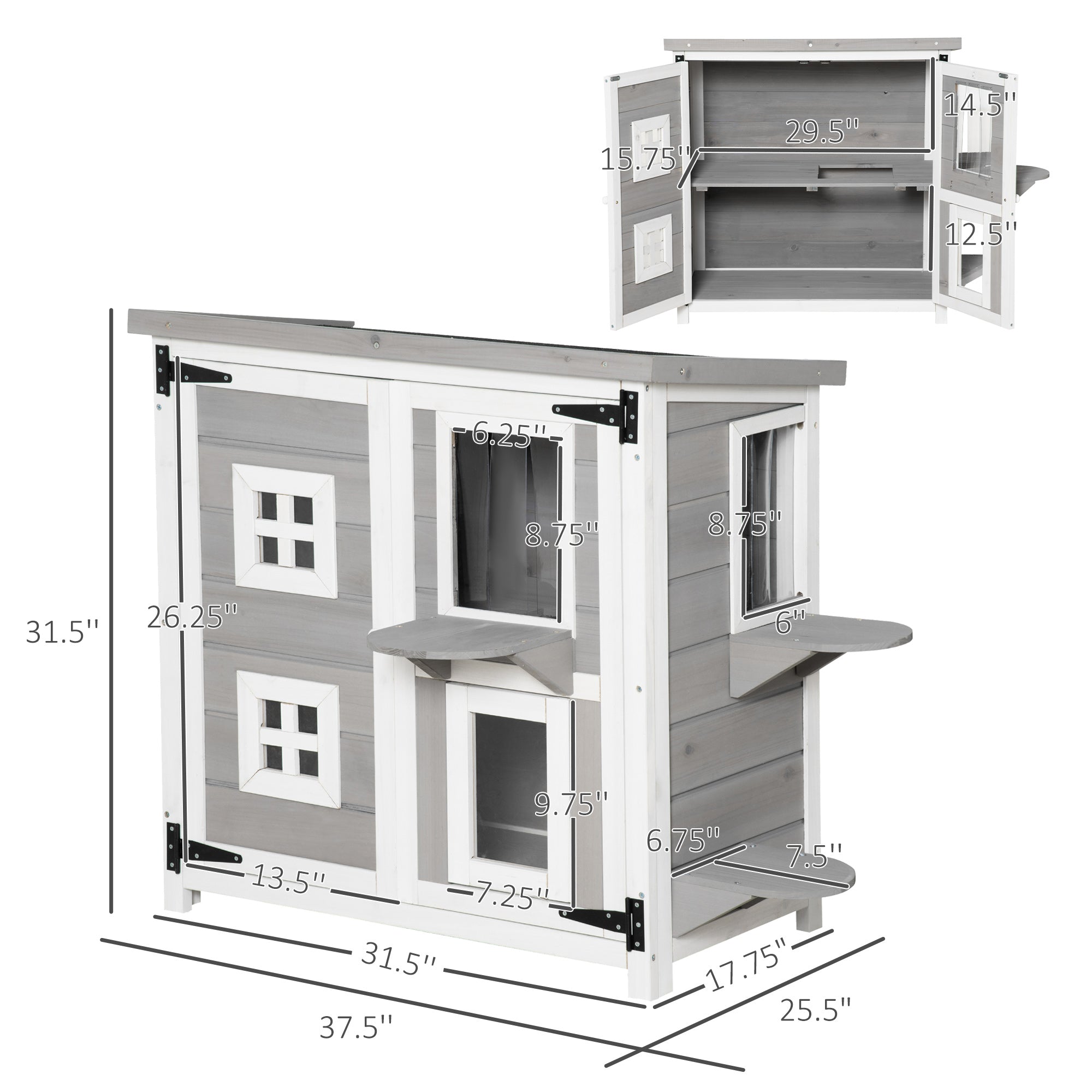 PawHut 2-Tier Cat House, Outdoor Feral Cat Shelter, with Weather Resistant Roof, Escape Door, PVC Curtain, Glass Window, Grey