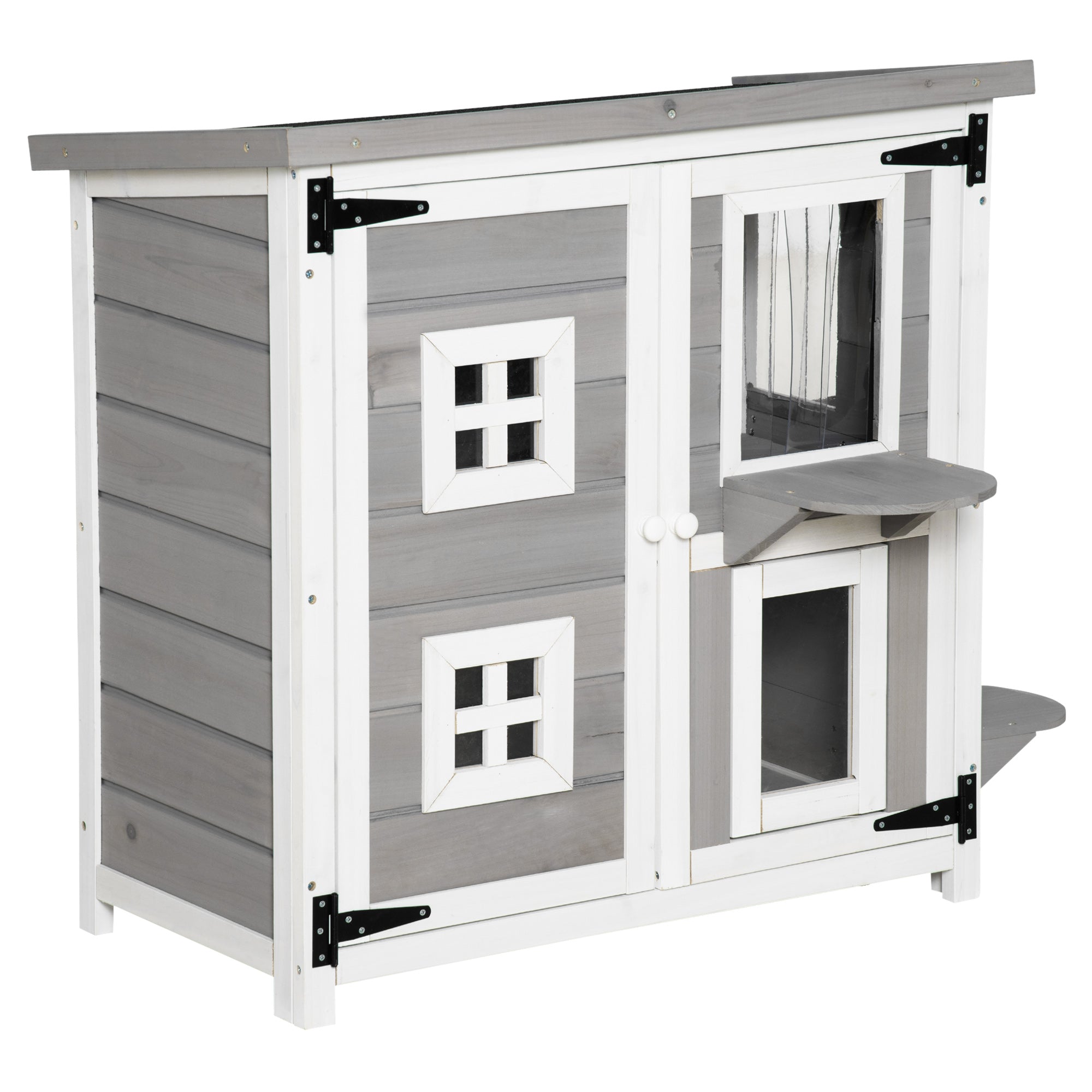 PawHut 2-Tier Cat House, Outdoor Feral Cat Shelter, with Weather Resistant Roof, Escape Door, PVC Curtain, Glass Window, Grey