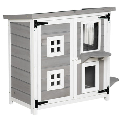 PawHut 2-Tier Cat House, Outdoor Feral Cat Shelter, with Weather Resistant Roof, Escape Door, PVC Curtain, Glass Window, Grey