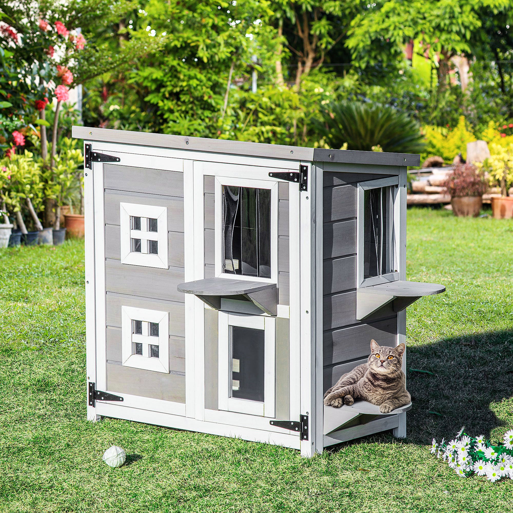 PawHut 2-Tier Cat House, Outdoor Feral Cat Shelter, with Weather Resistant Roof, Escape Door, PVC Curtain, Glass Window, Grey