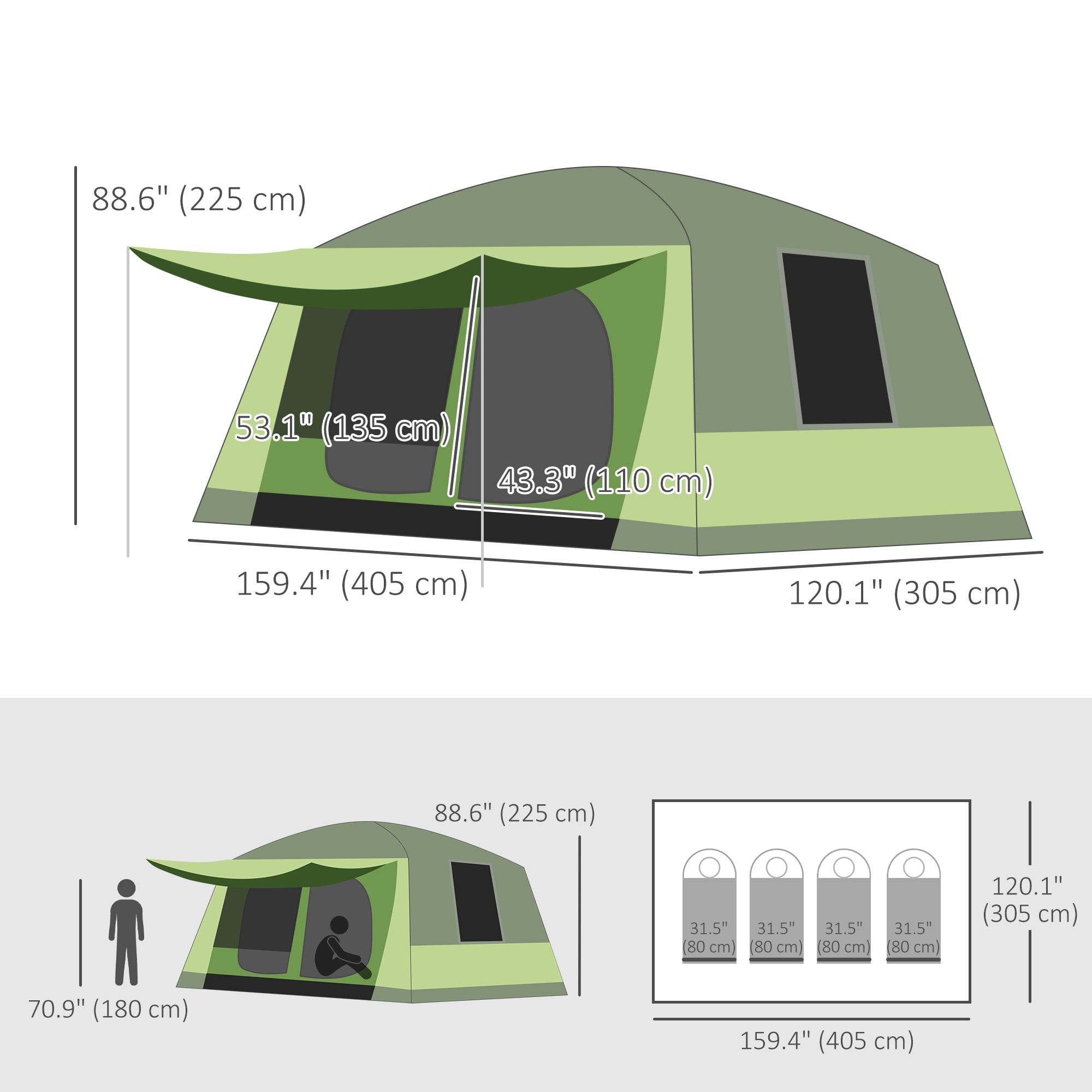 Outsunny 4-8 Person Camping Tent with 2 Room and Porch, 2000mm Waterproof, Dome Tent with Mesh Windows, Zipped Doors, Lamp Hook & Carry Bag for Fishing Hiking Festival, Green