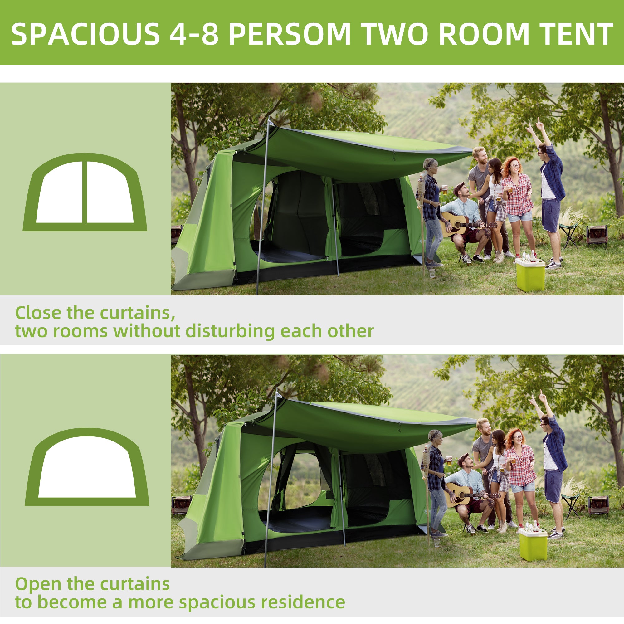 Outsunny 4-8 Person Camping Tent with 2 Room and Porch, 2000mm Waterproof, Dome Tent with Mesh Windows, Zipped Doors, Lamp Hook & Carry Bag for Fishing Hiking Festival, Green