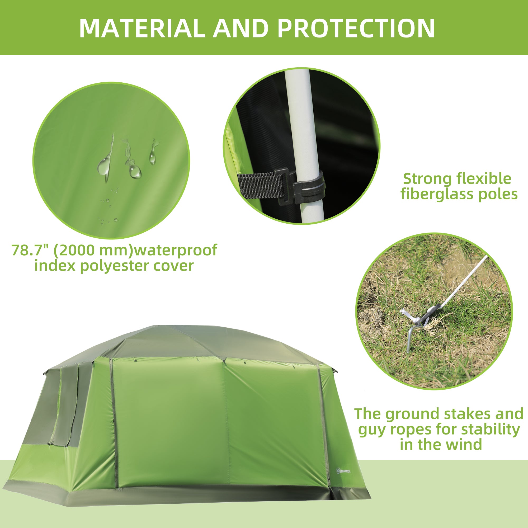 Outsunny 4-8 Person Camping Tent with 2 Room and Porch, 2000mm Waterproof, Dome Tent with Mesh Windows, Zipped Doors, Lamp Hook & Carry Bag for Fishing Hiking Festival, Green