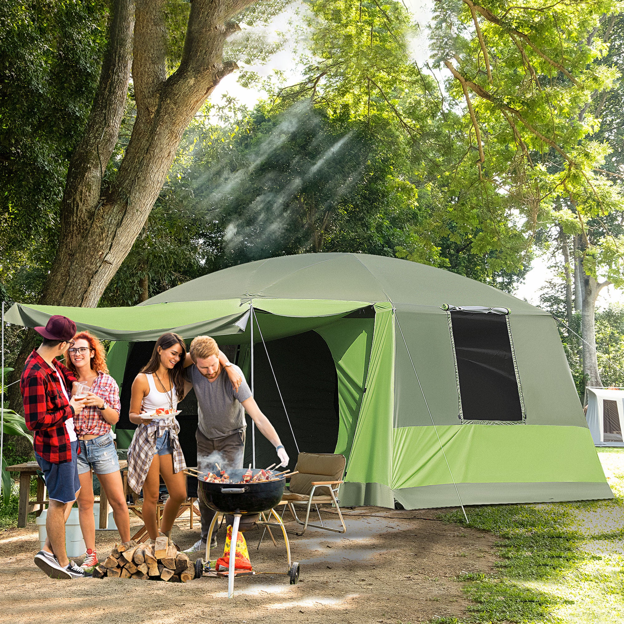 Outsunny 4-8 Person Camping Tent with 2 Room and Porch, 2000mm Waterproof, Dome Tent with Mesh Windows, Zipped Doors, Lamp Hook & Carry Bag for Fishing Hiking Festival, Green
